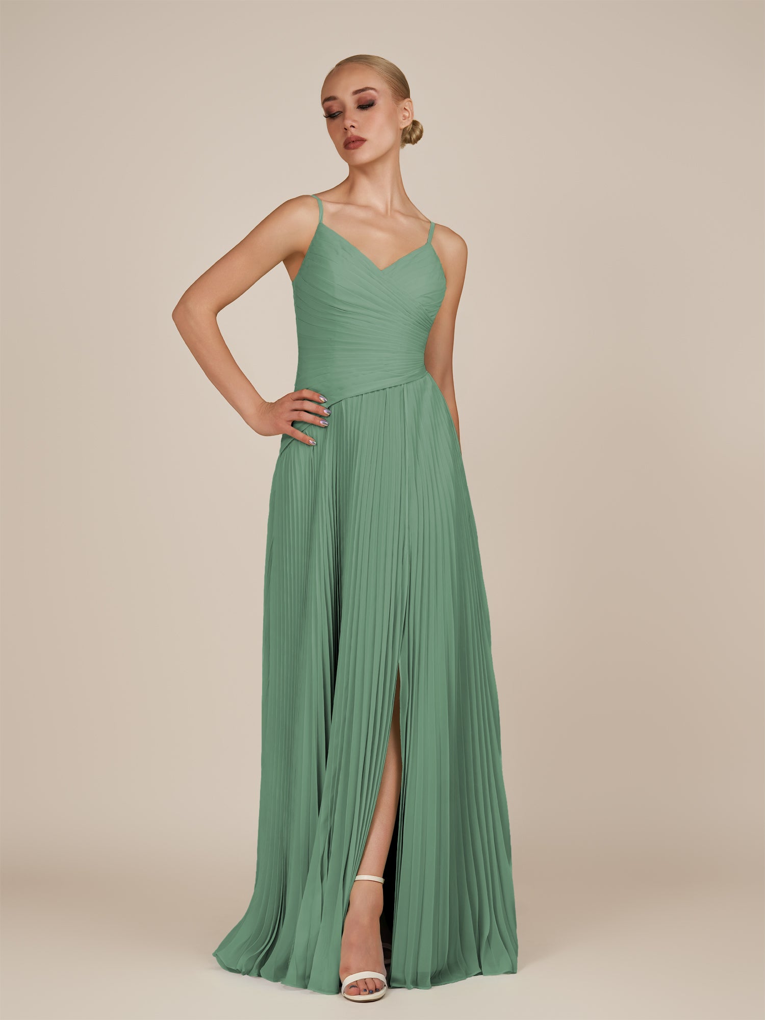 KissDress-Vionnet Sea Glass A-Line V Neck Pleated Chiffon Long Bridesmaid Dress with Slit