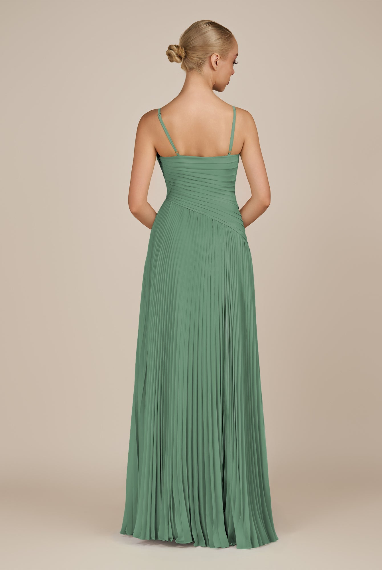 KissDress-Vionnet Sea Glass A-Line V Neck Pleated Chiffon Long Bridesmaid Dress with Slit