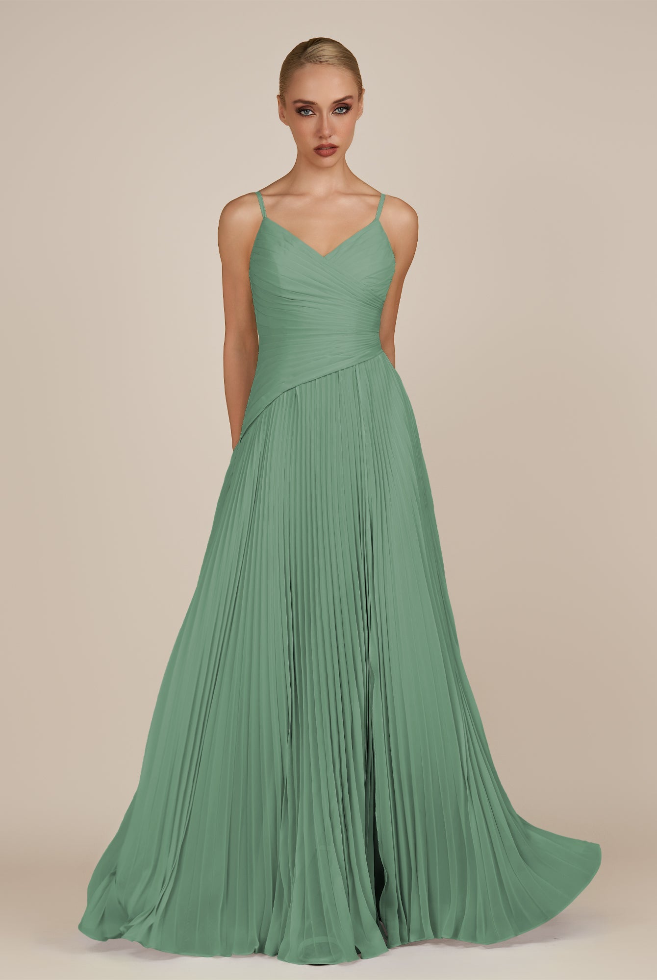 KissDress-Vionnet Sea Glass A-Line V Neck Pleated Chiffon Long Bridesmaid Dress with Slit