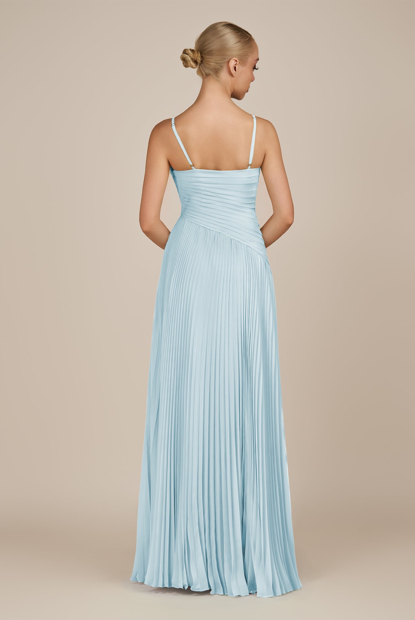 KissDress-Vionnet Sky Blue A-Line V Neck Pleated Chiffon Long Bridesmaid Dress with Slit