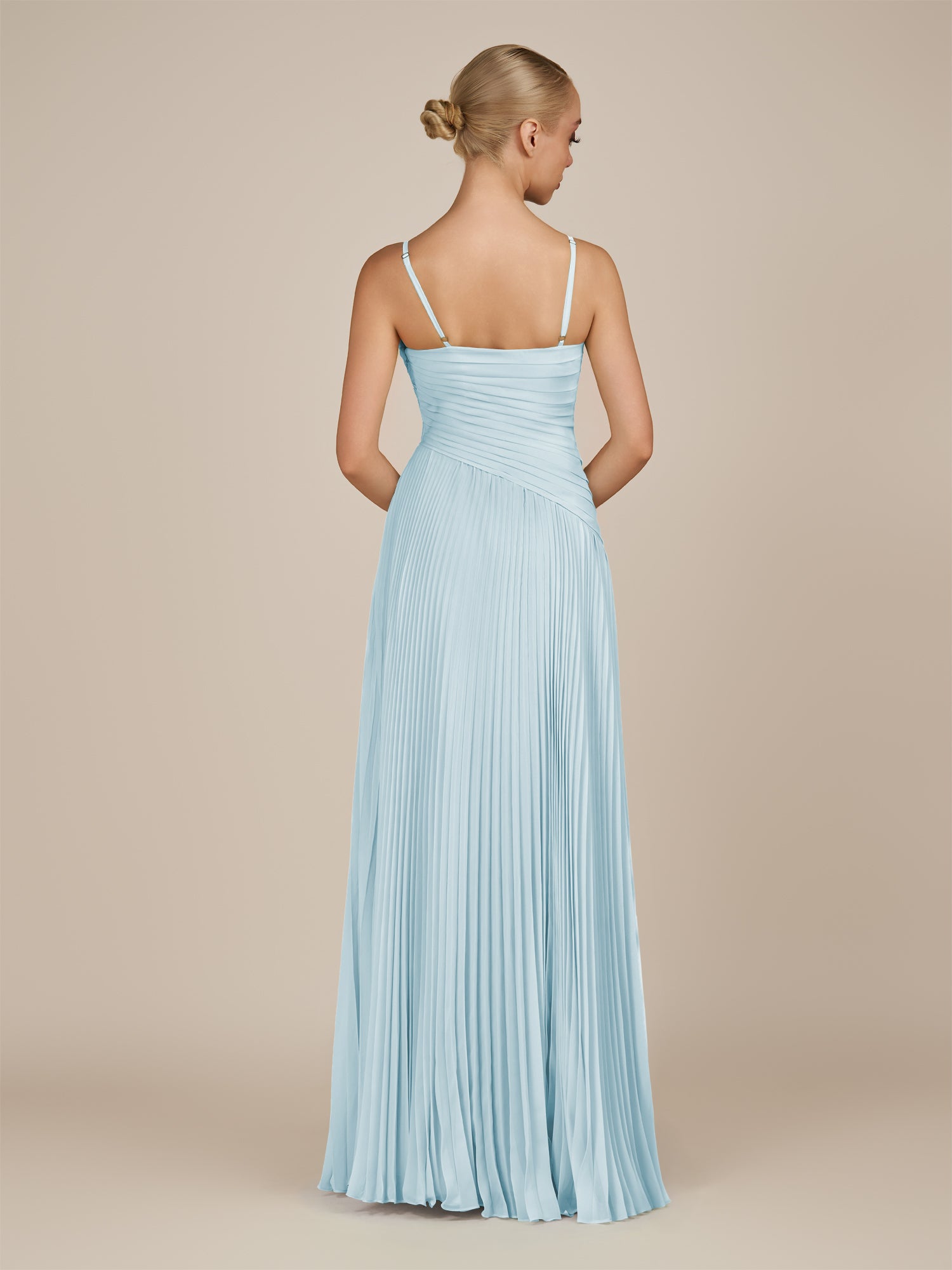 KissDress-Vionnet Sky Blue A-Line V Neck Pleated Chiffon Long Bridesmaid Dress with Slit