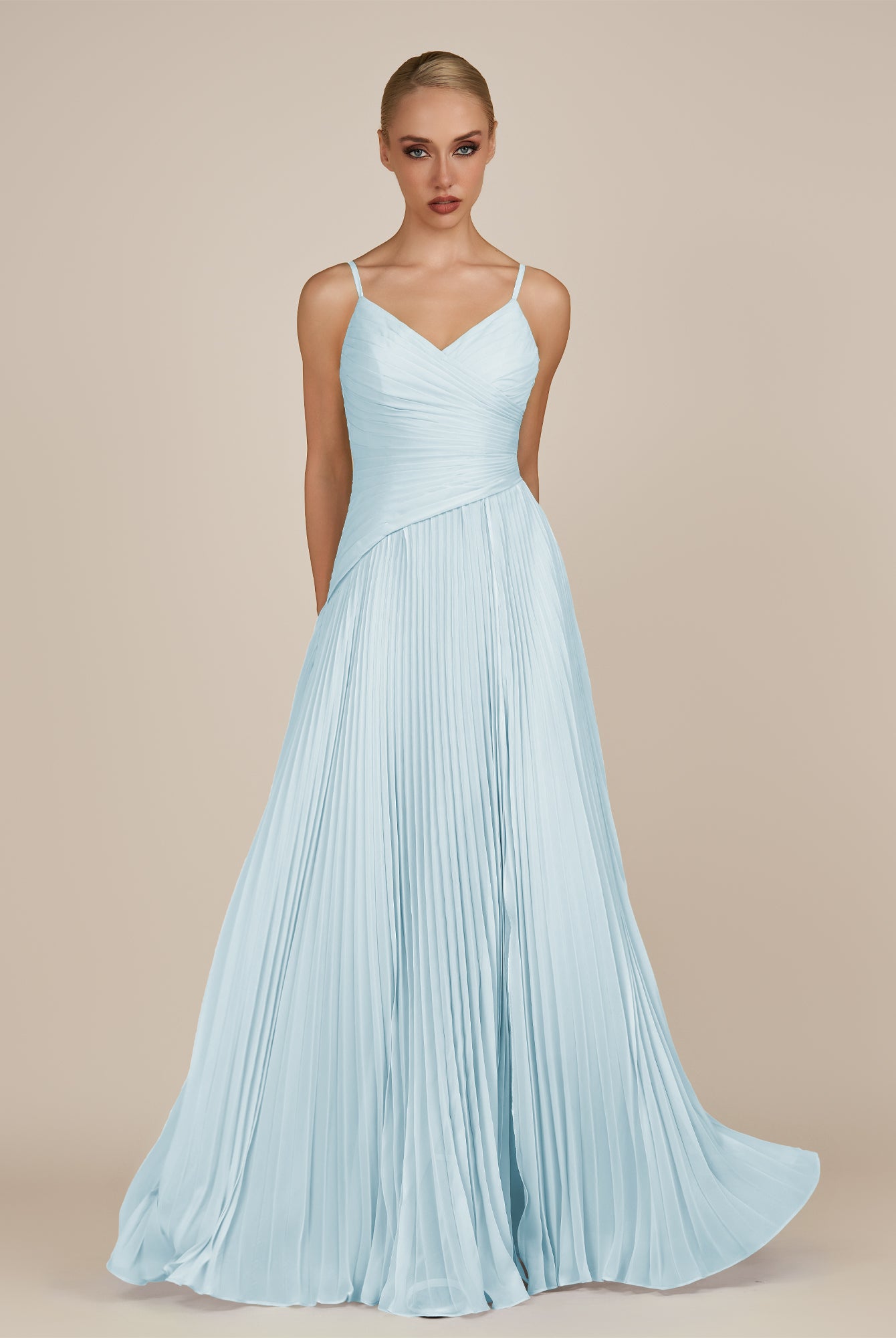 KissDress-Vionnet Sky Blue A-Line V Neck Pleated Chiffon Long Bridesmaid Dress with Slit