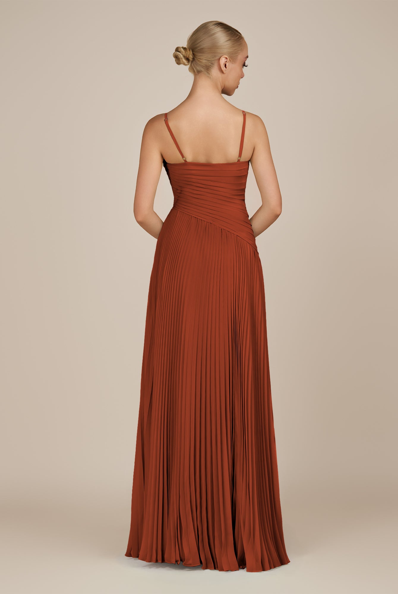 KissDress-Vionnet Spice A-Line V Neck Pleated Chiffon Long Bridesmaid Dress with Slit
