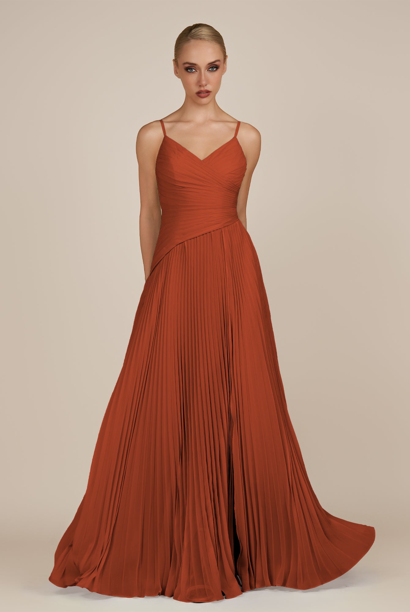 KissDress-Vionnet Spice A-Line V Neck Pleated Chiffon Long Bridesmaid Dress with Slit