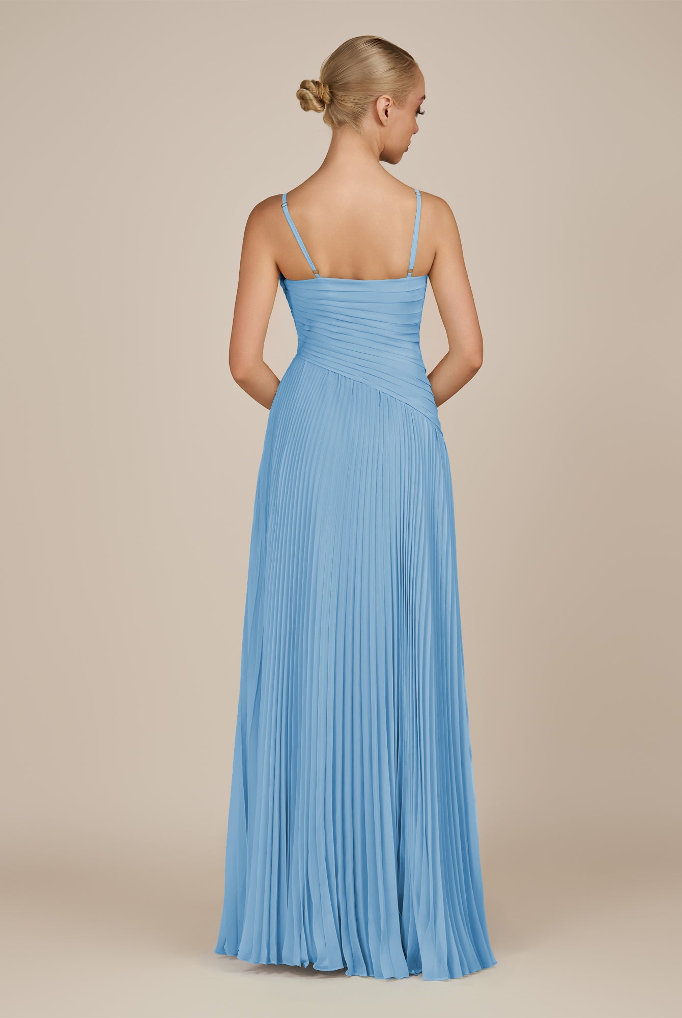 KissDress-Vionnet Steel Blue A-Line V Neck Pleated Chiffon Long Bridesmaid Dress with Slit
