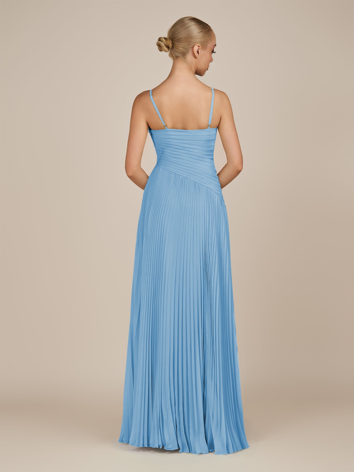 KissDress-Vionnet Steel Blue A-Line V Neck Pleated Chiffon Long Bridesmaid Dress with Slit