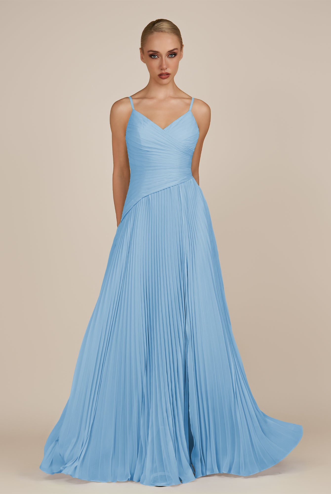 KissDress-Vionnet Steel Blue A-Line V Neck Pleated Chiffon Long Bridesmaid Dress with Slit