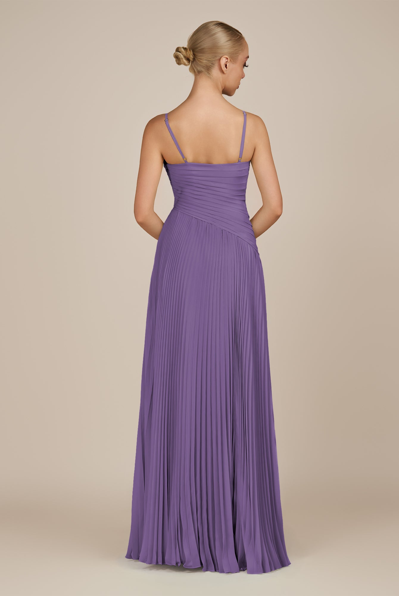 KissDress-Vionnet Tahiti A-Line V Neck Pleated Chiffon Long Bridesmaid Dress with Slit