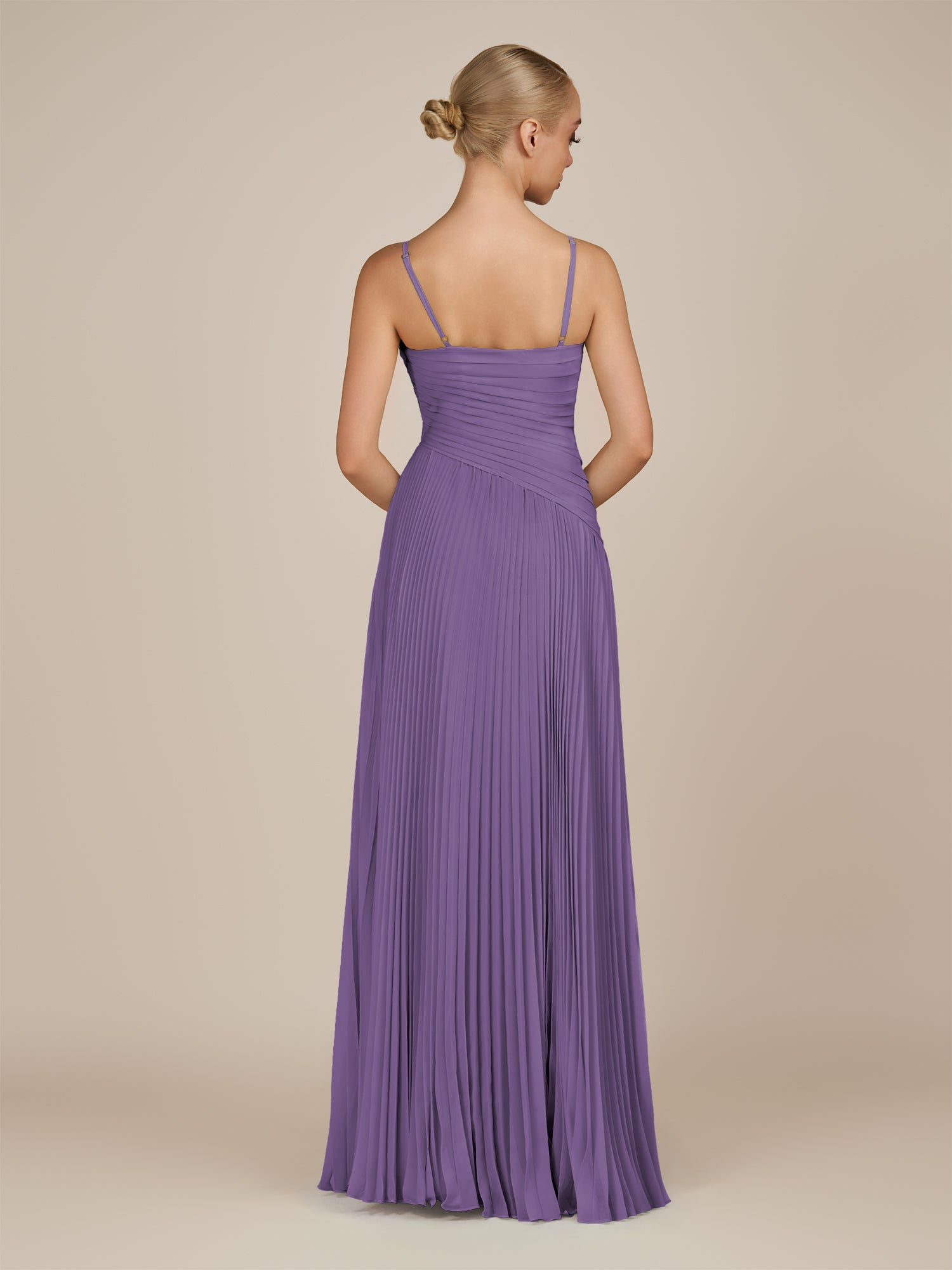 KissDress-Vionnet Tahiti A-Line V Neck Pleated Chiffon Long Bridesmaid Dress with Slit