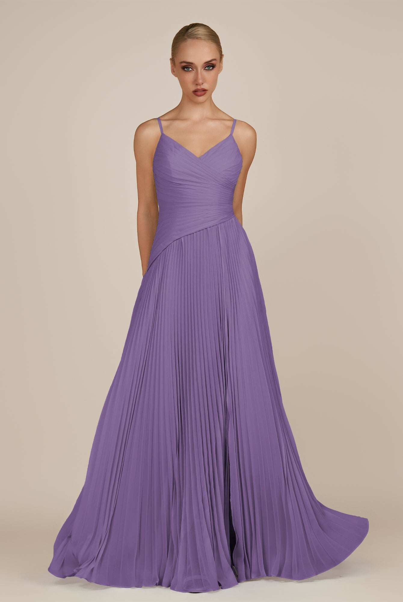 KissDress-Vionnet Tahiti A-Line V Neck Pleated Chiffon Long Bridesmaid Dress with Slit