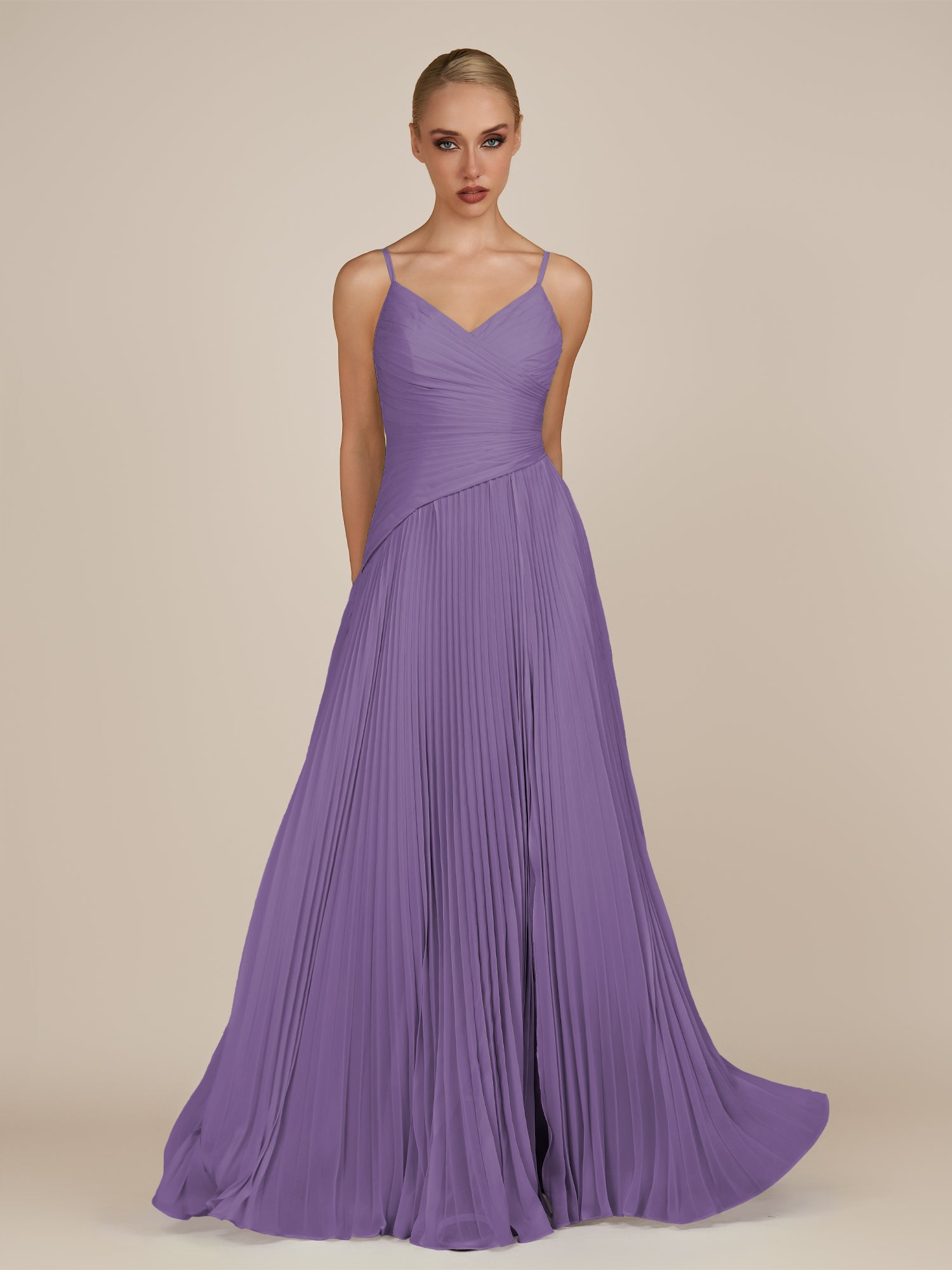 KissDress-Vionnet Tahiti A-Line V Neck Pleated Chiffon Long Bridesmaid Dress with Slit