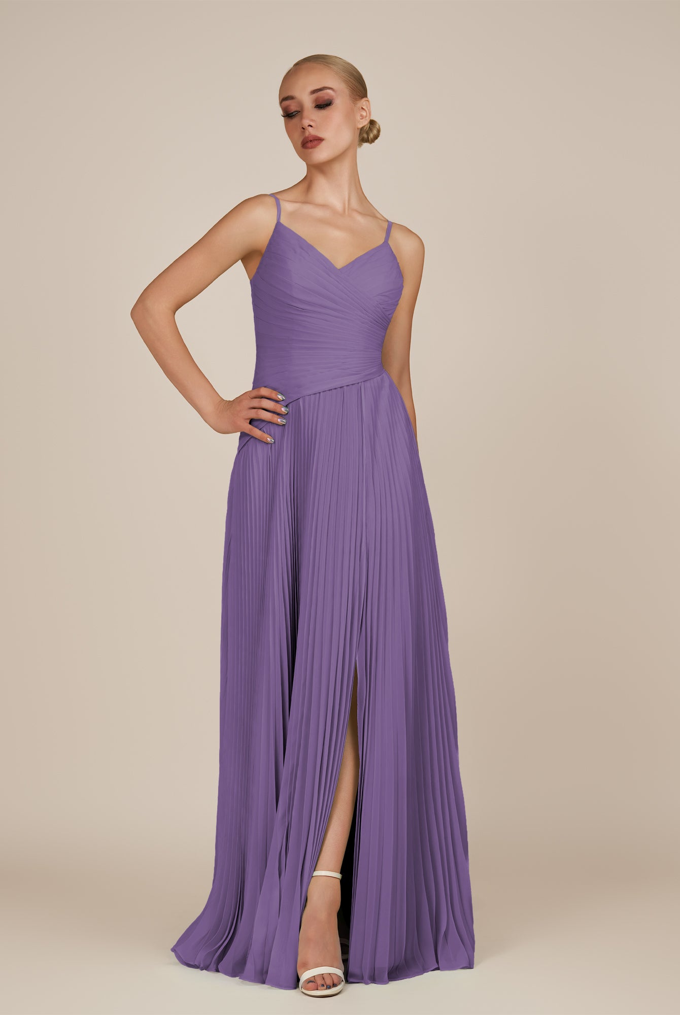 KissDress-Vionnet Tahiti A-Line V Neck Pleated Chiffon Long Bridesmaid Dress with Slit