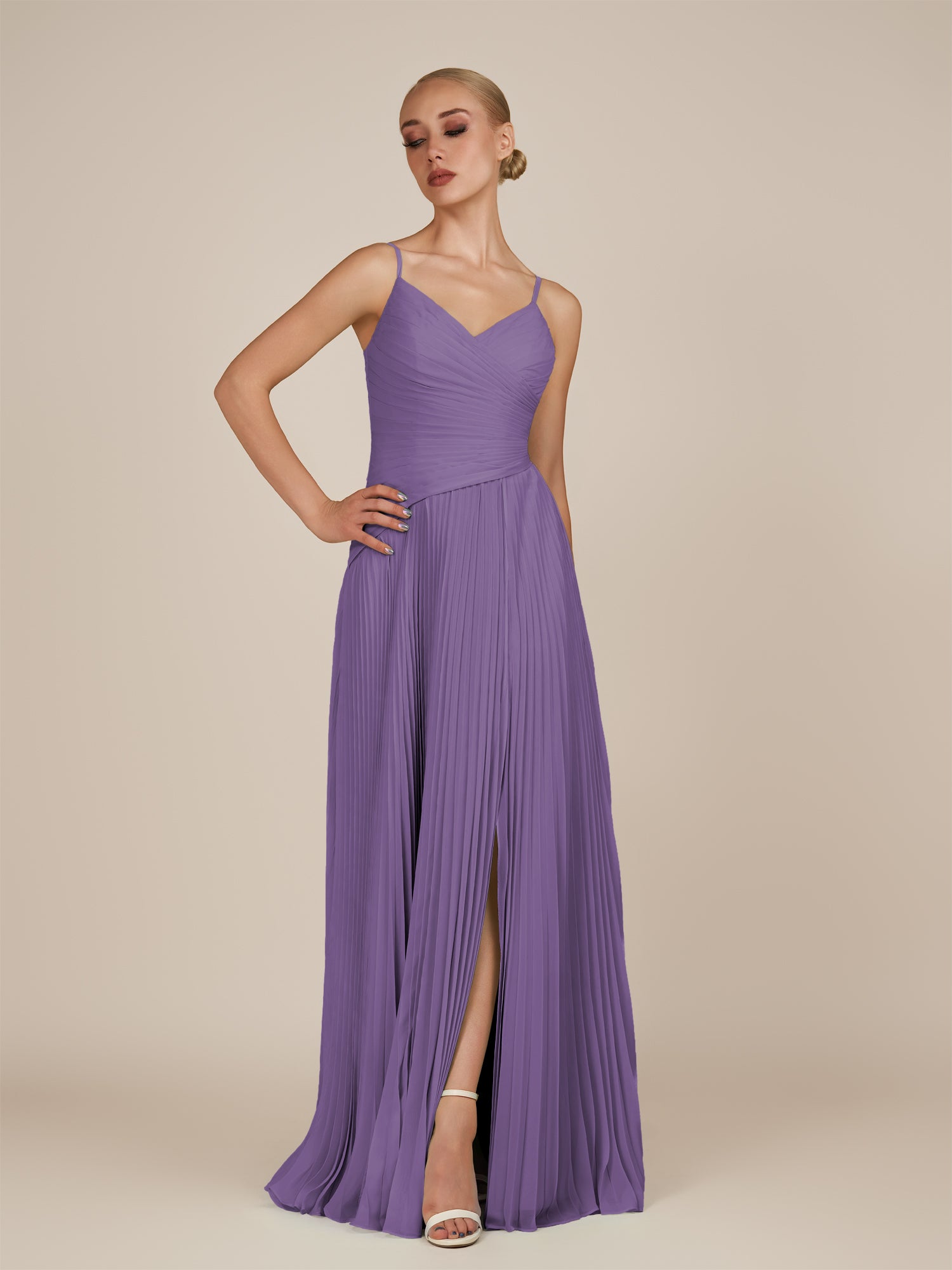 KissDress-Vionnet Tahiti A-Line V Neck Pleated Chiffon Long Bridesmaid Dress with Slit