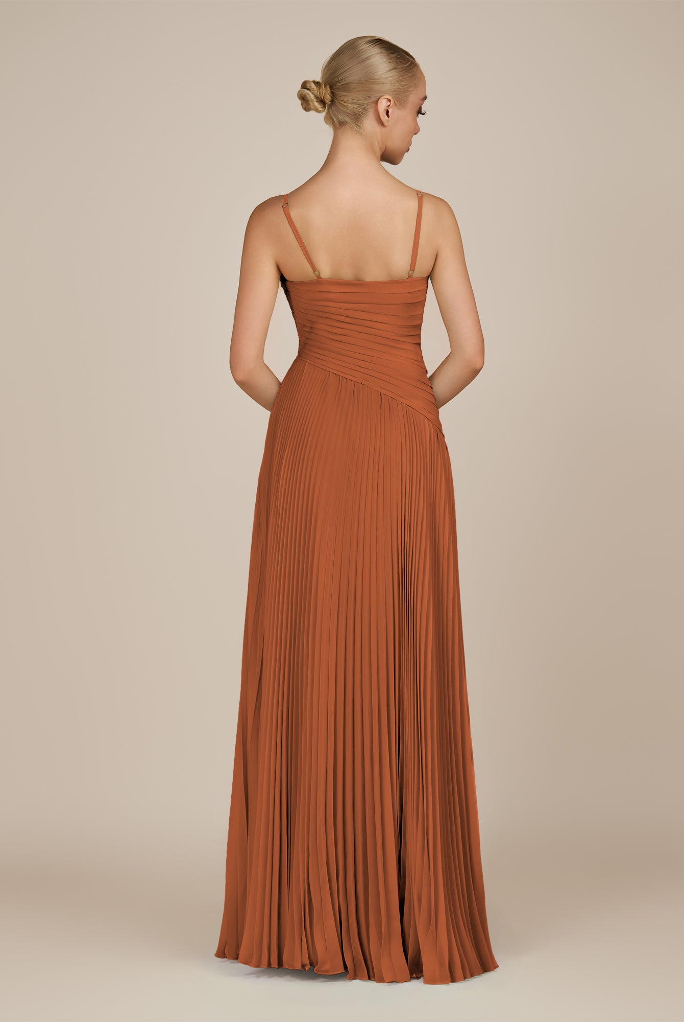 KissDress-Vionnet Terracotta A-Line V Neck Pleated Chiffon Long Bridesmaid Dress with Slit