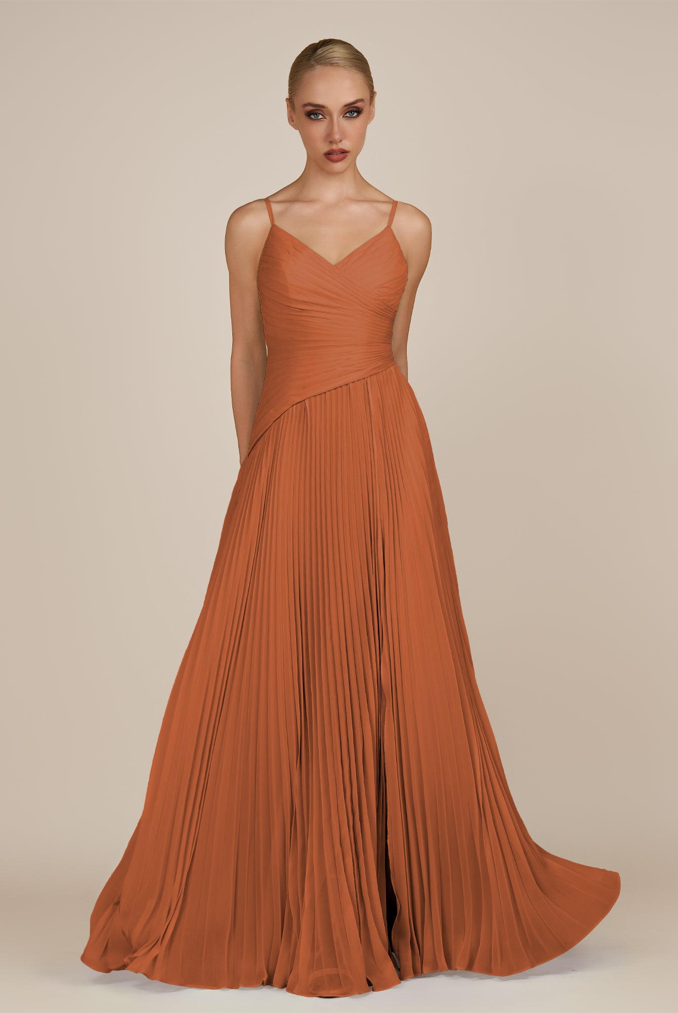 KissDress-Vionnet Terracotta A-Line V Neck Pleated Chiffon Long Bridesmaid Dress with Slit