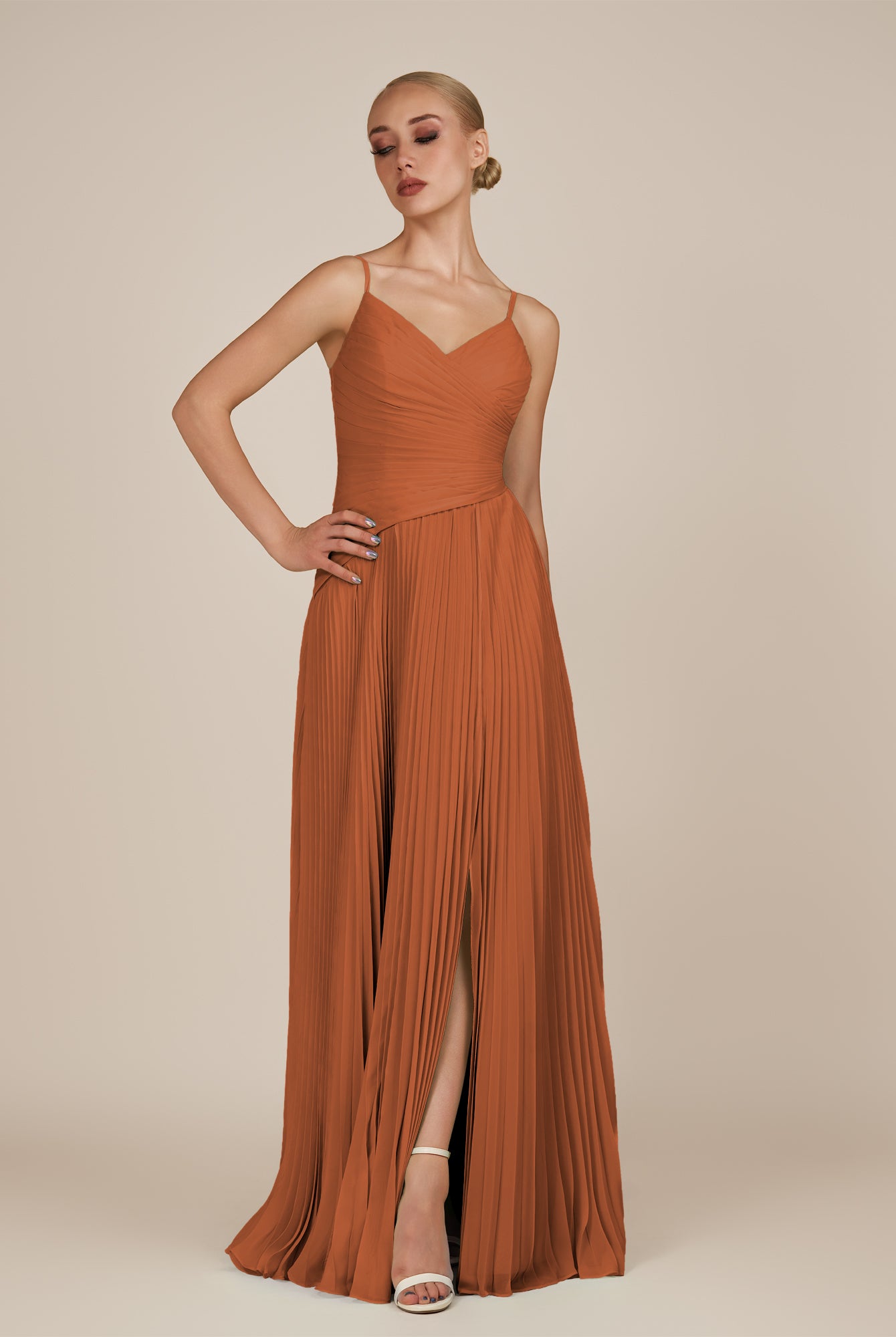 KissDress-Vionnet Terracotta A-Line V Neck Pleated Chiffon Long Bridesmaid Dress with Slit