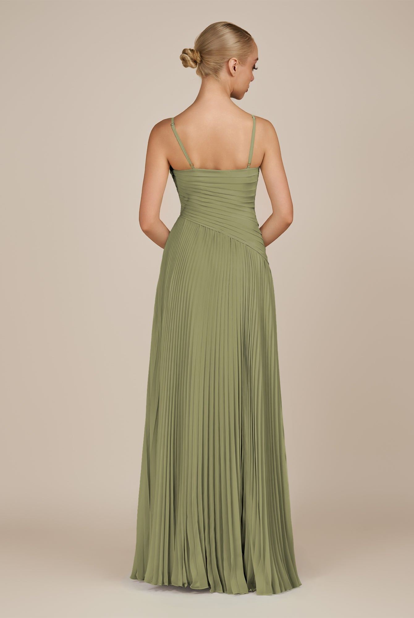 KissDress-Vionnet Thyme A-Line V Neck Pleated Chiffon Long Bridesmaid Dress with Slit