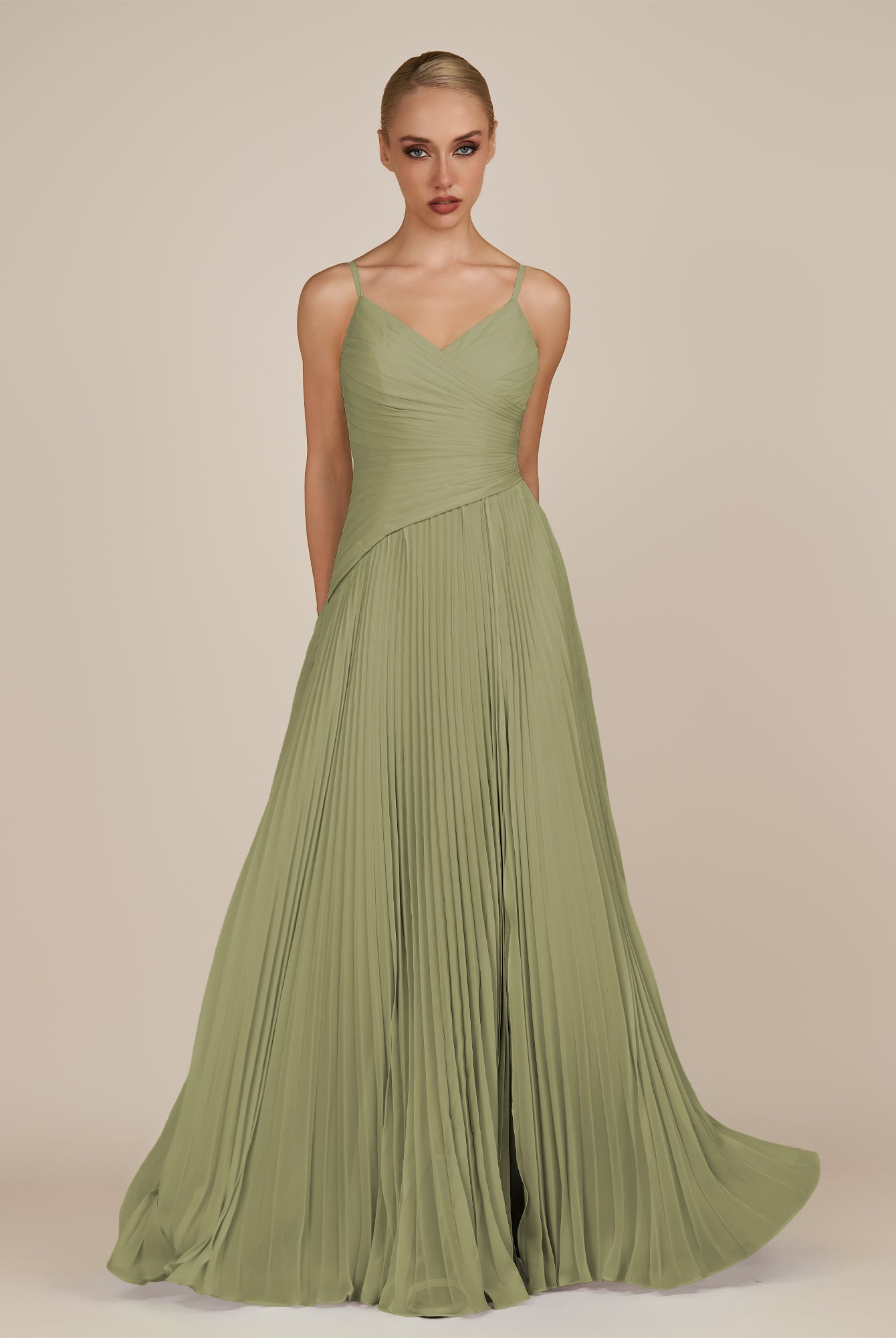 KissDress-Vionnet Thyme A-Line V Neck Pleated Chiffon Long Bridesmaid Dress with Slit