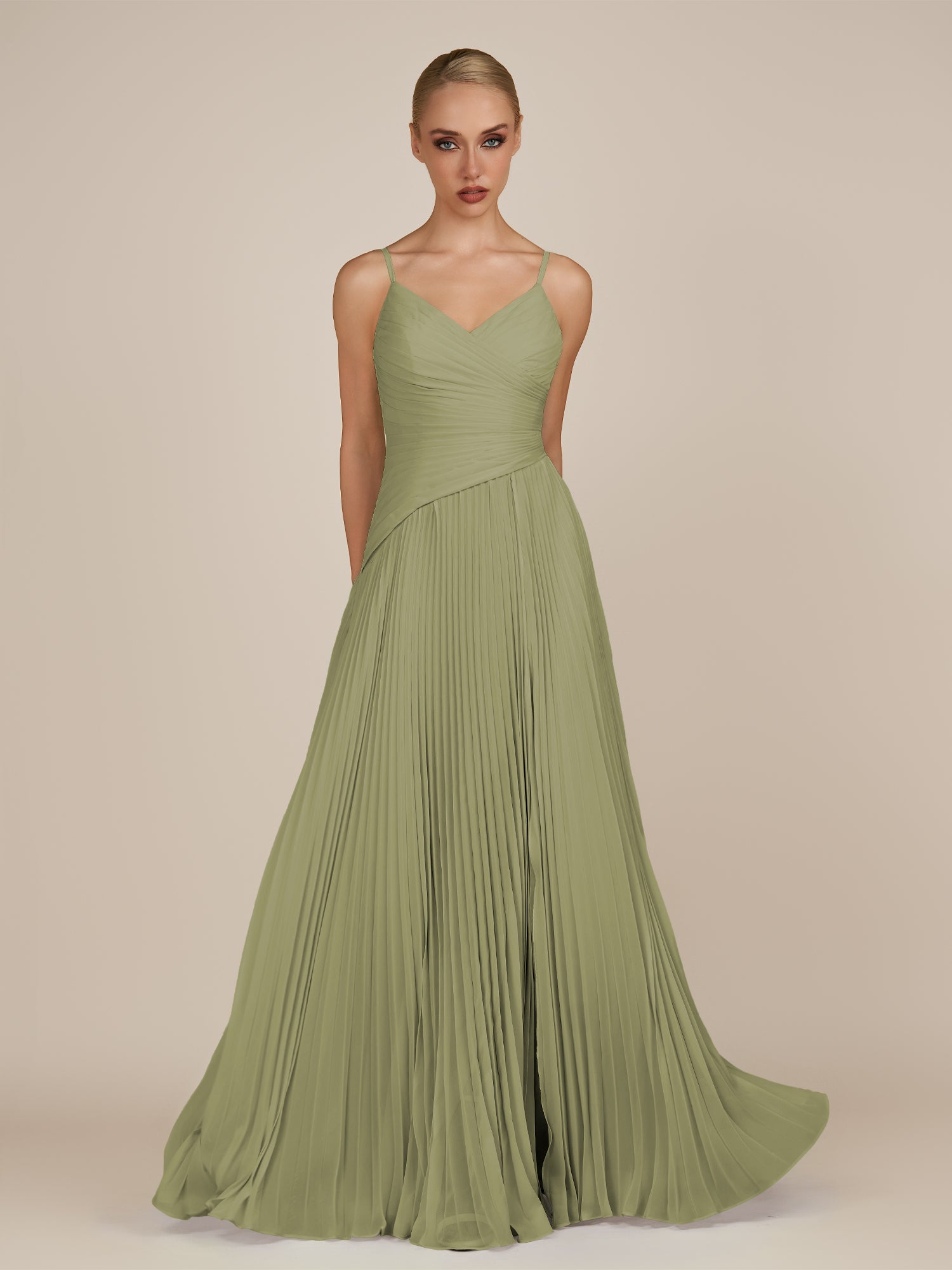 KissDress-Vionnet Thyme A-Line V Neck Pleated Chiffon Long Bridesmaid Dress with Slit