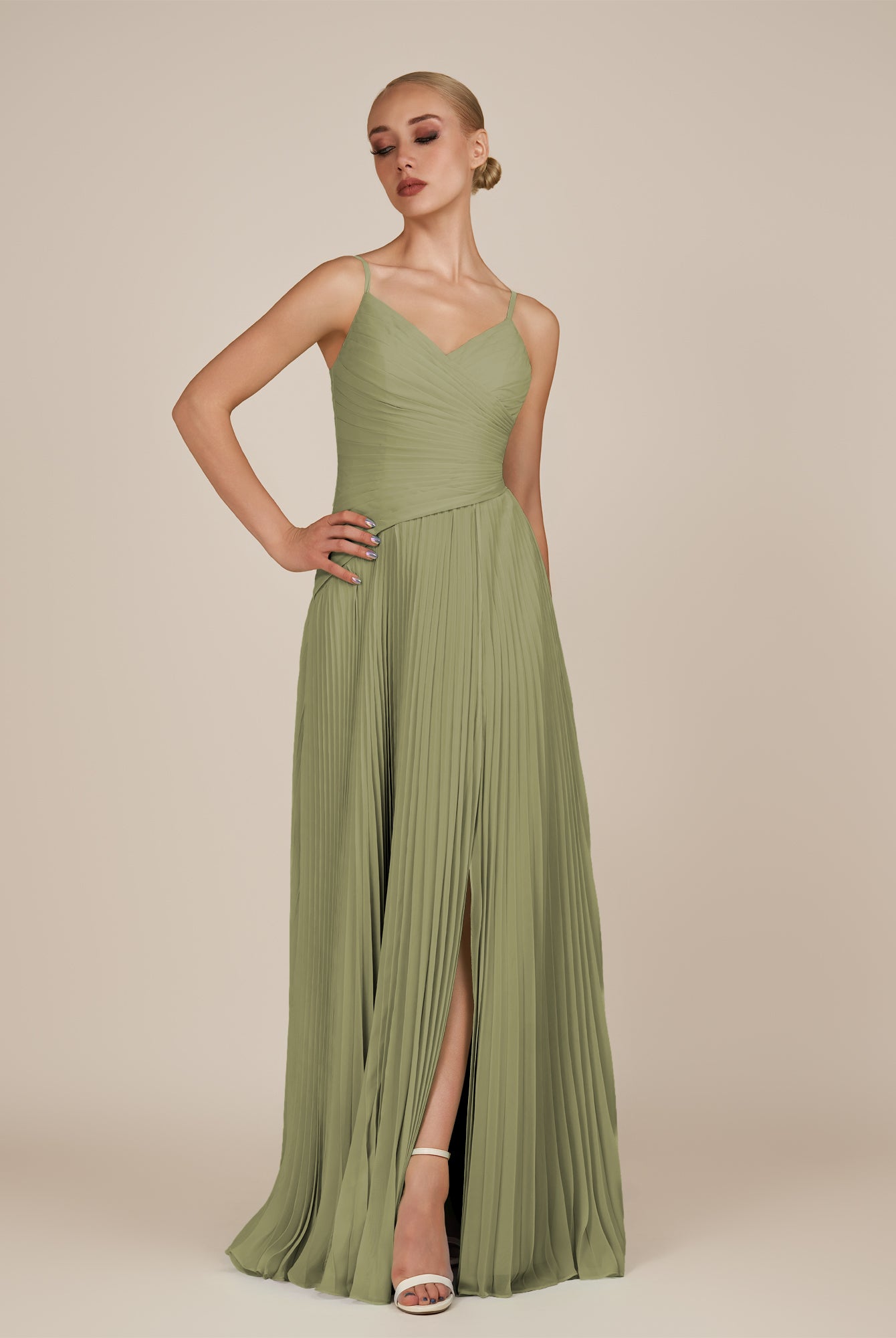 KissDress-Vionnet Thyme A-Line V Neck Pleated Chiffon Long Bridesmaid Dress with Slit