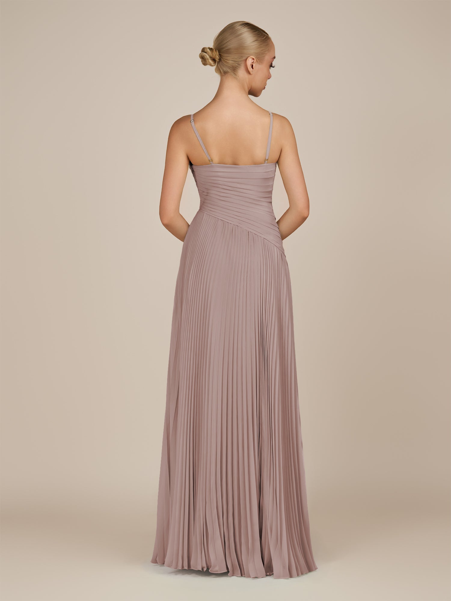 KissDress-Vionnet Toffee A-Line V Neck Pleated Chiffon Long Bridesmaid Dress with Slit