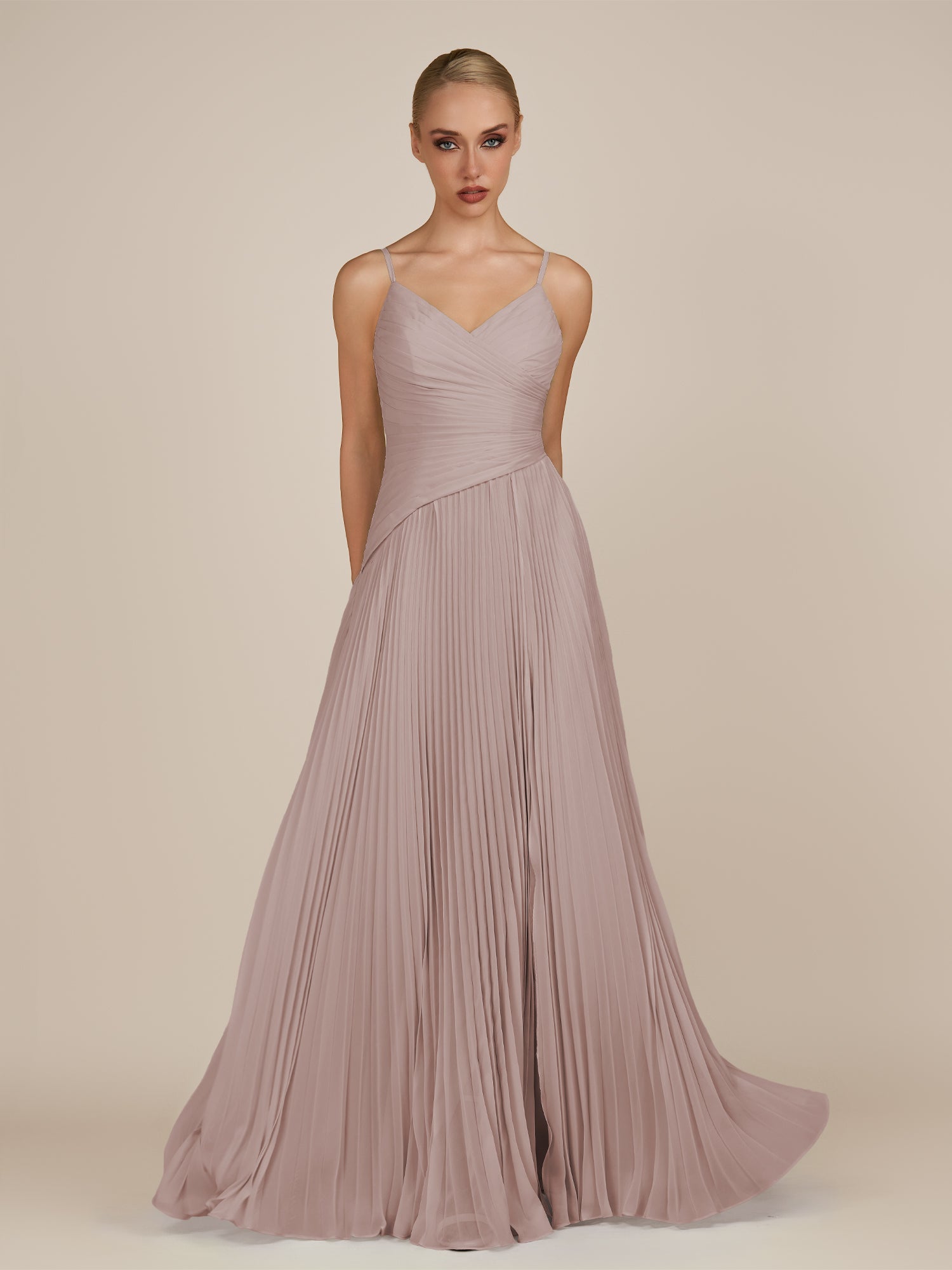 KissDress-Vionnet Toffee A-Line V Neck Pleated Chiffon Long Bridesmaid Dress with Slit