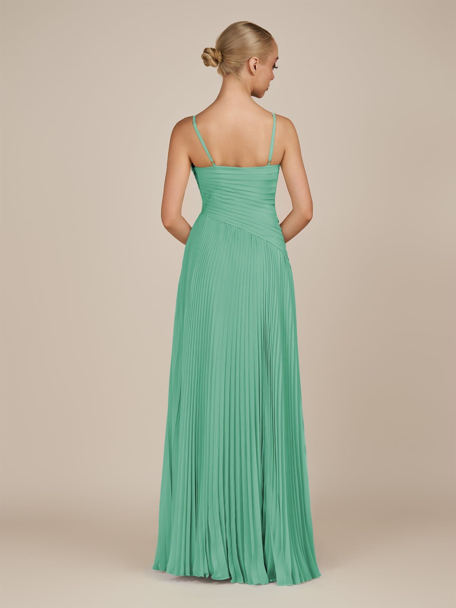 KissDress-Vionnet Turquoise A-Line V Neck Pleated Chiffon Long Bridesmaid Dress with Slit