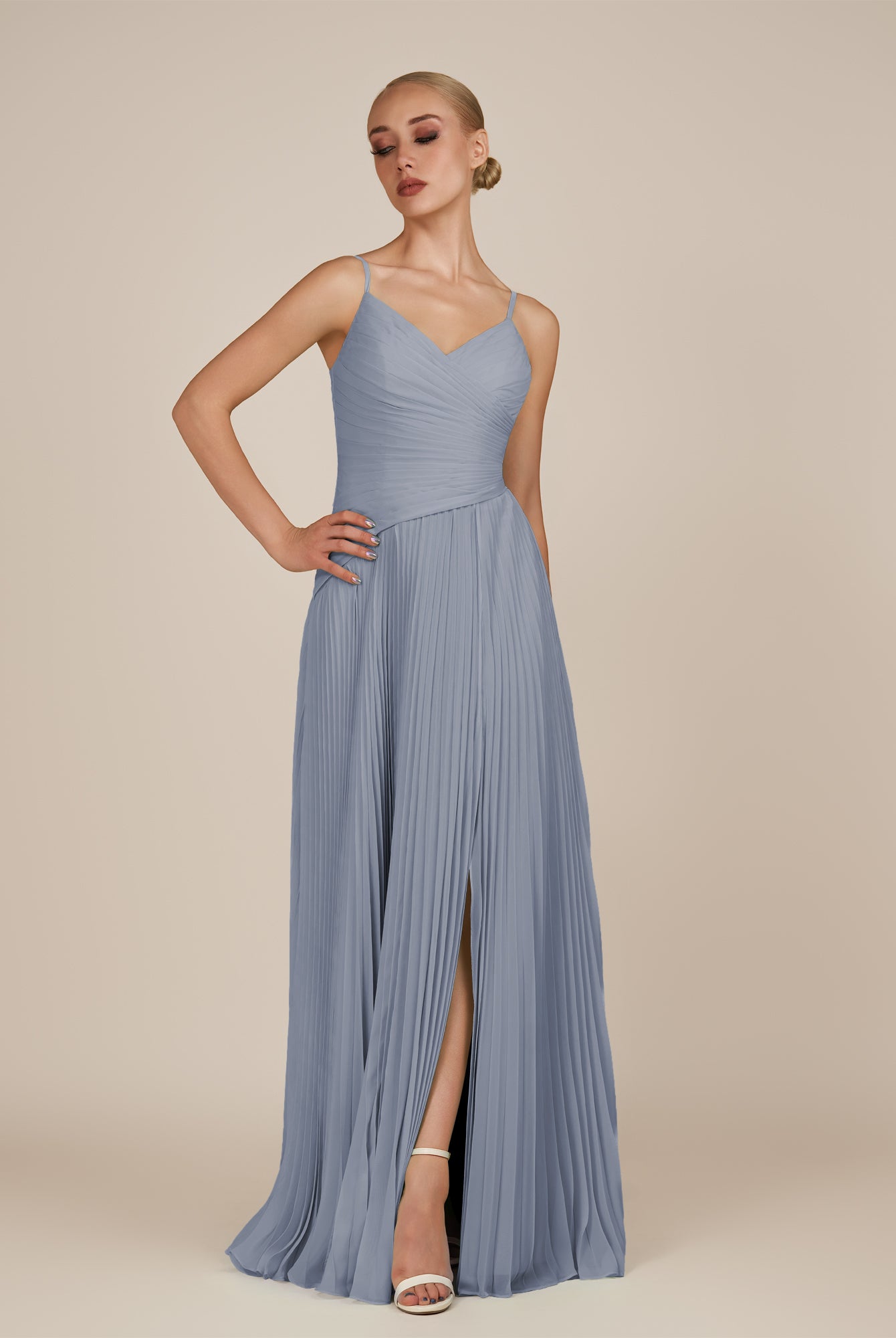 KissDress-Vionnet Twilight A-Line V Neck Pleated Chiffon Long Bridesmaid Dress with Slit