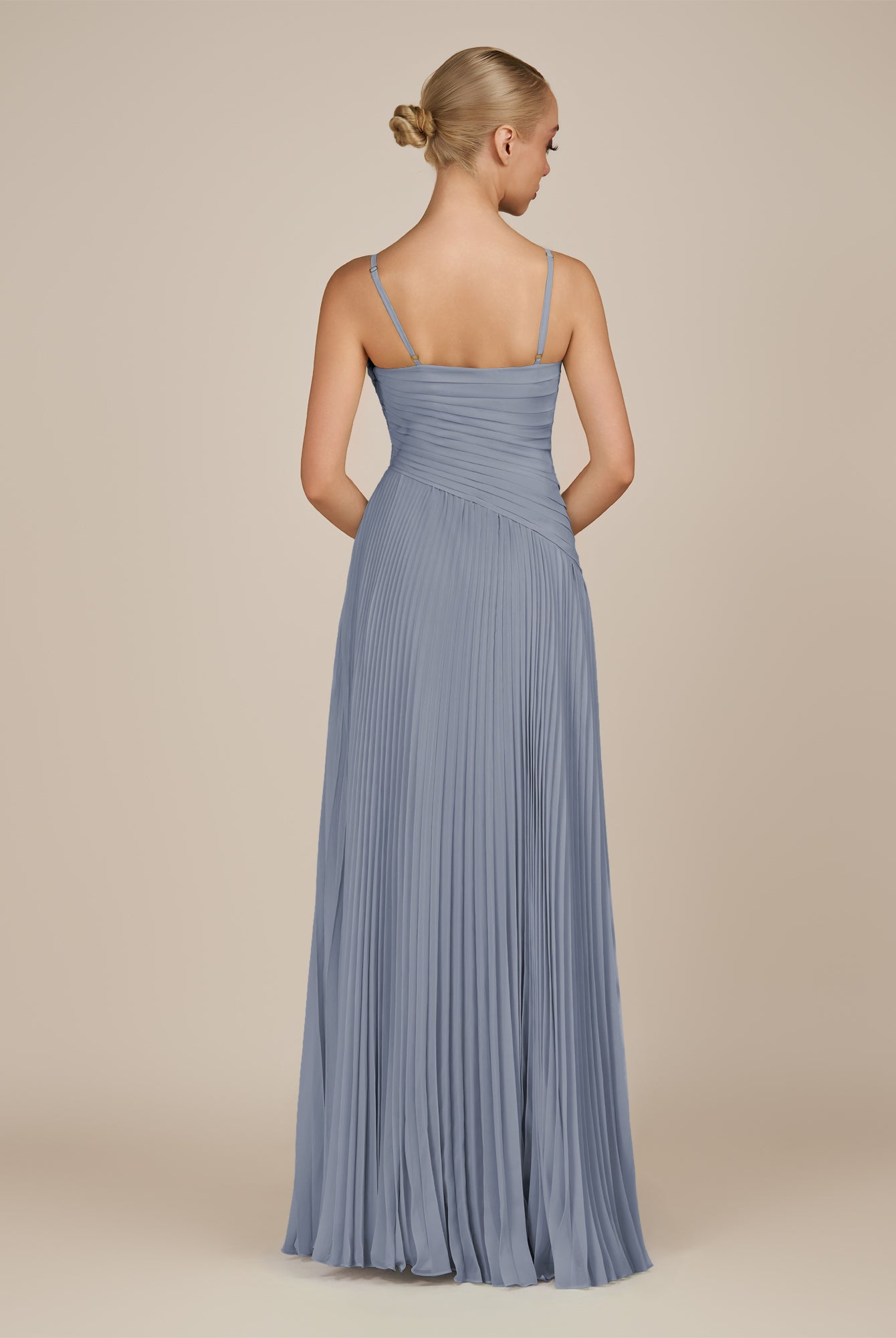 KissDress-Vionnet Twilight A-Line V Neck Pleated Chiffon Long Bridesmaid Dress with Slit