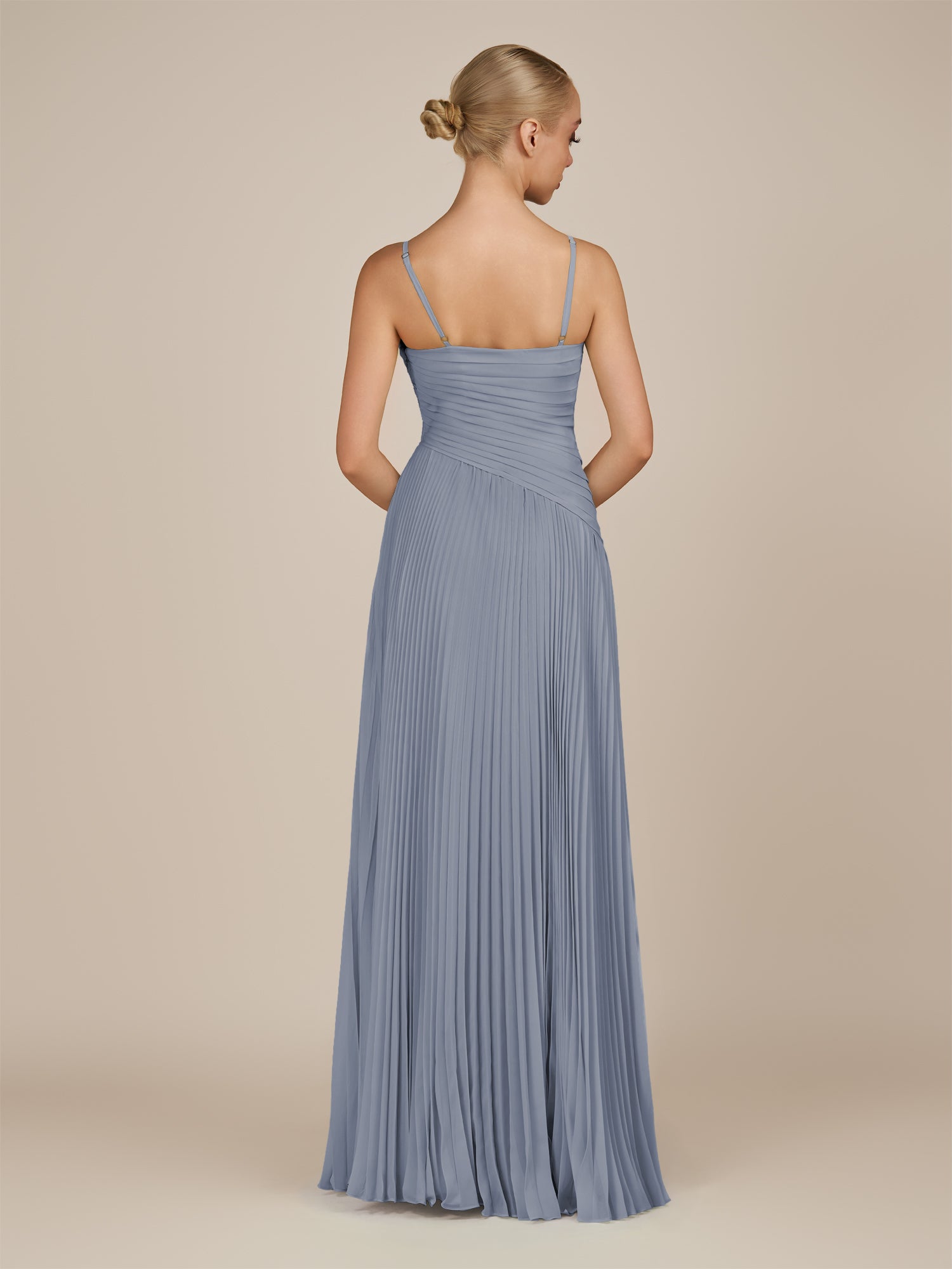KissDress-Vionnet Twilight A-Line V Neck Pleated Chiffon Long Bridesmaid Dress with Slit