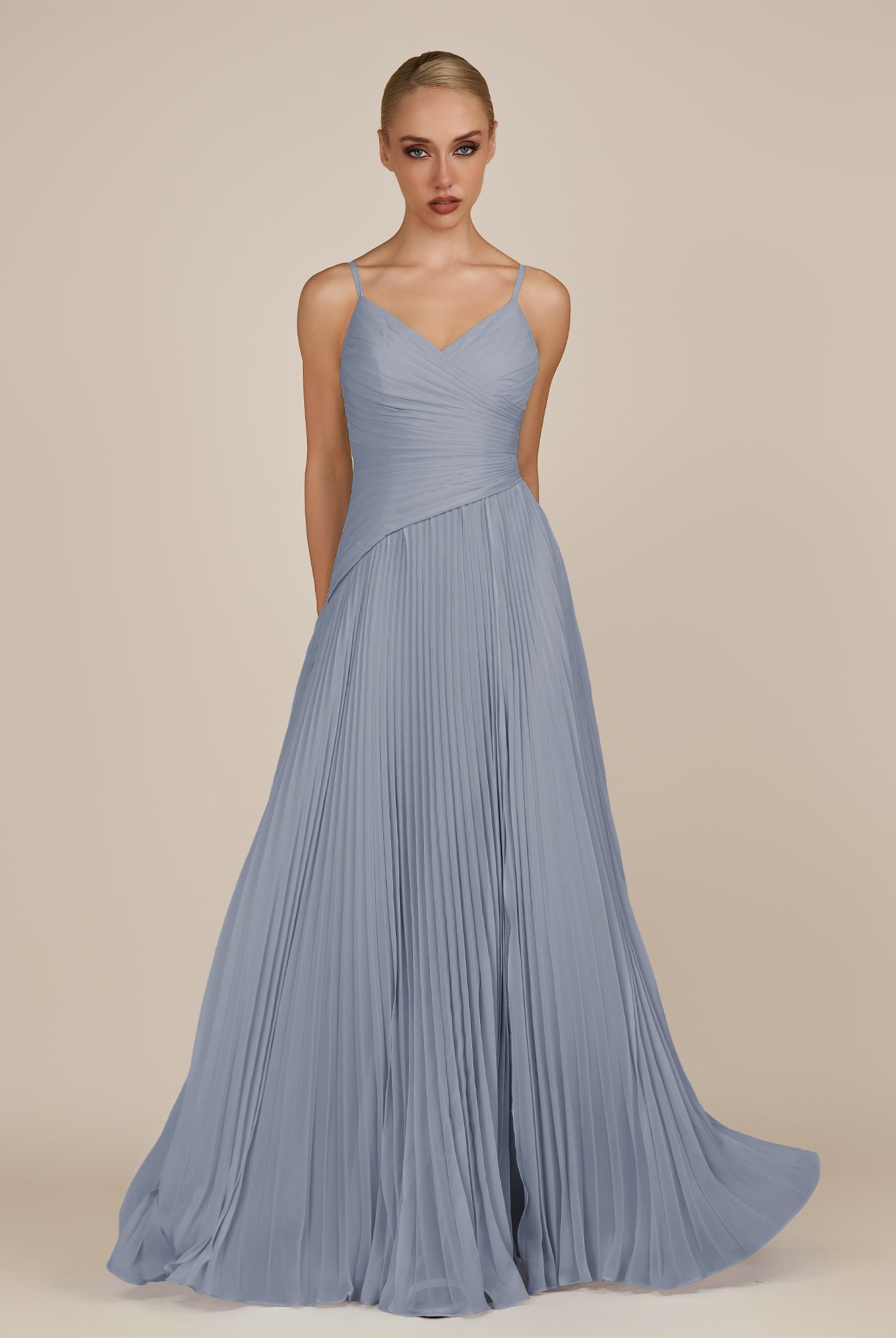 KissDress-Vionnet Twilight A-Line V Neck Pleated Chiffon Long Bridesmaid Dress with Slit