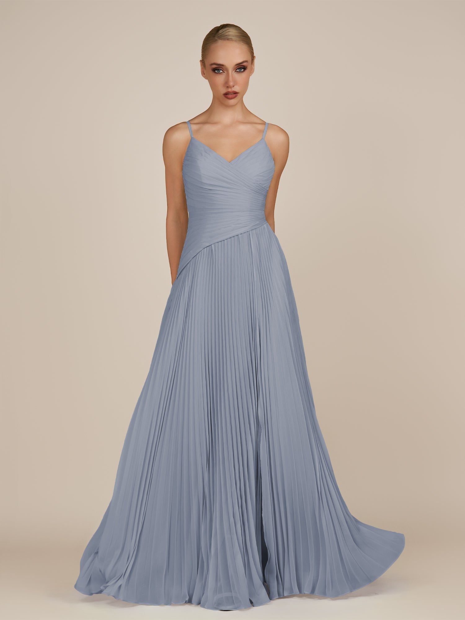 KissDress-Vionnet Twilight A-Line V Neck Pleated Chiffon Long Bridesmaid Dress with Slit