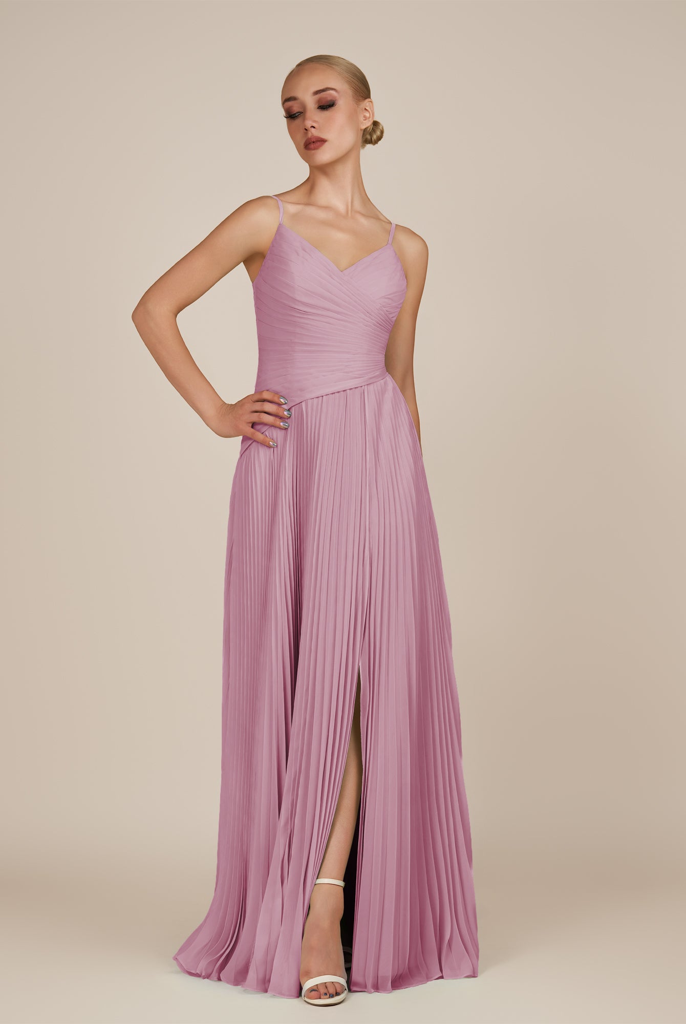 KissDress-Vionnet Vintage Mauve A-Line V Neck Pleated Chiffon Long Bridesmaid Dress with Slit