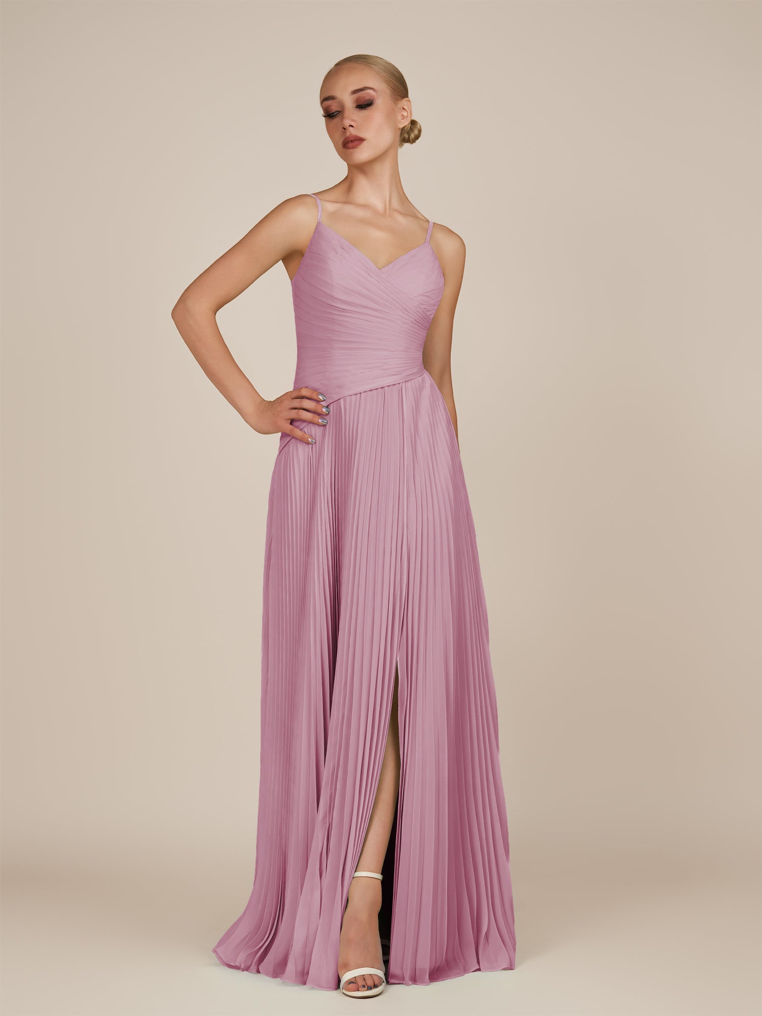 KissDress-Vionnet Vintage Mauve A-Line V Neck Pleated Chiffon Long Bridesmaid Dress with Slit