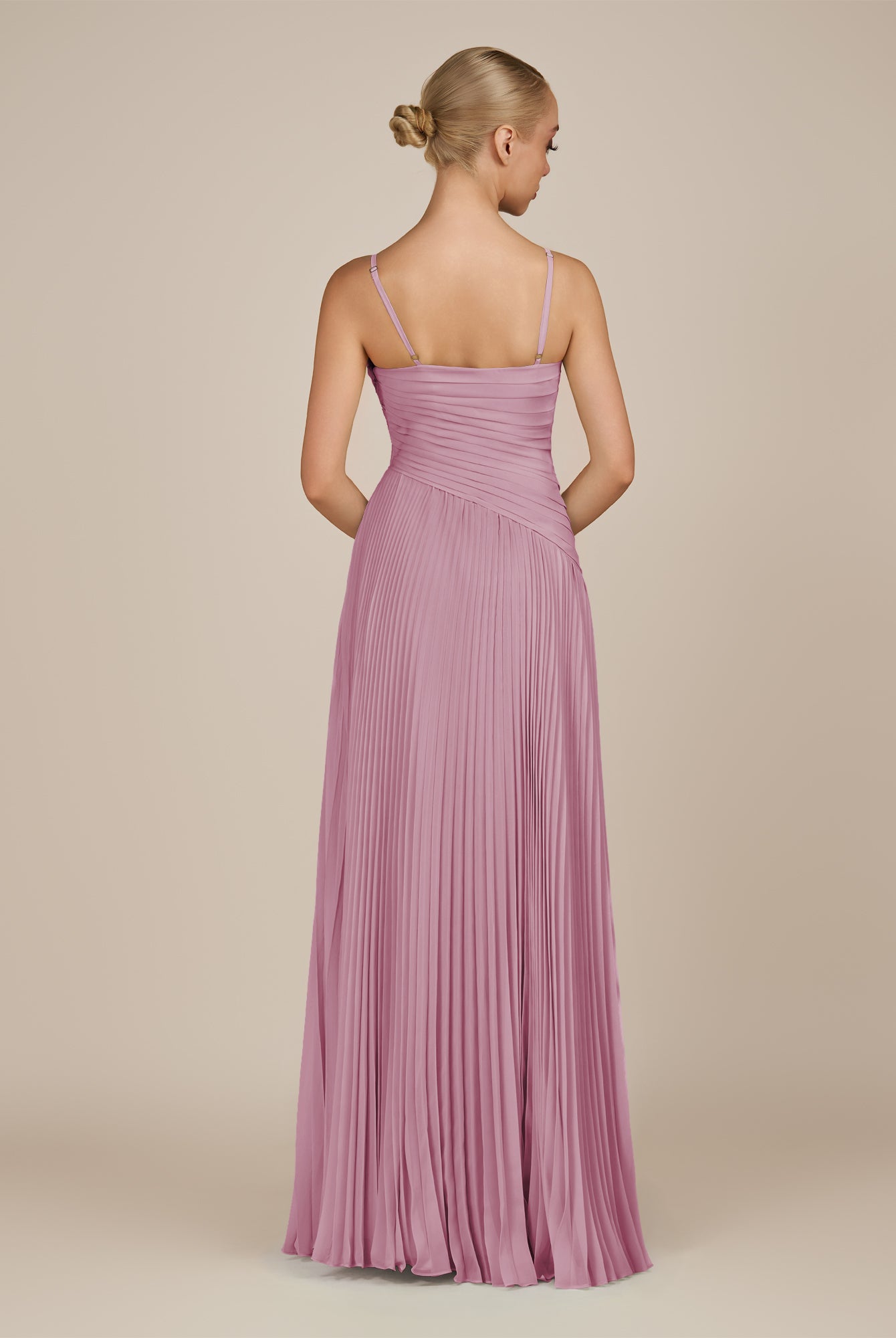 KissDress-Vionnet Vintage Mauve A-Line V Neck Pleated Chiffon Long Bridesmaid Dress with Slit