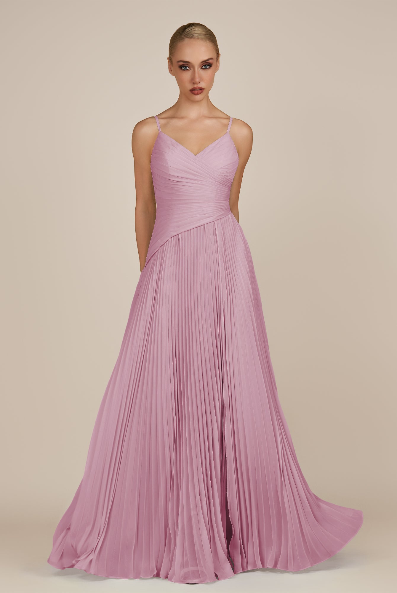 KissDress-Vionnet Vintage Mauve A-Line V Neck Pleated Chiffon Long Bridesmaid Dress with Slit