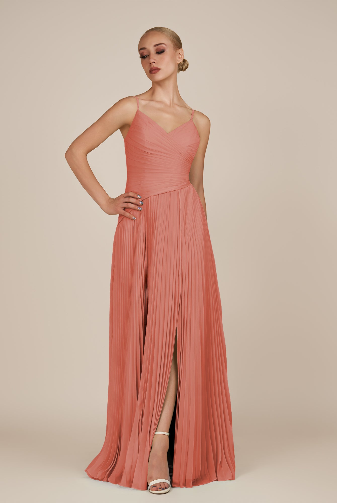 KissDress-Vionnet Wild Rose A-Line V Neck Pleated Chiffon Long Bridesmaid Dress with Slit