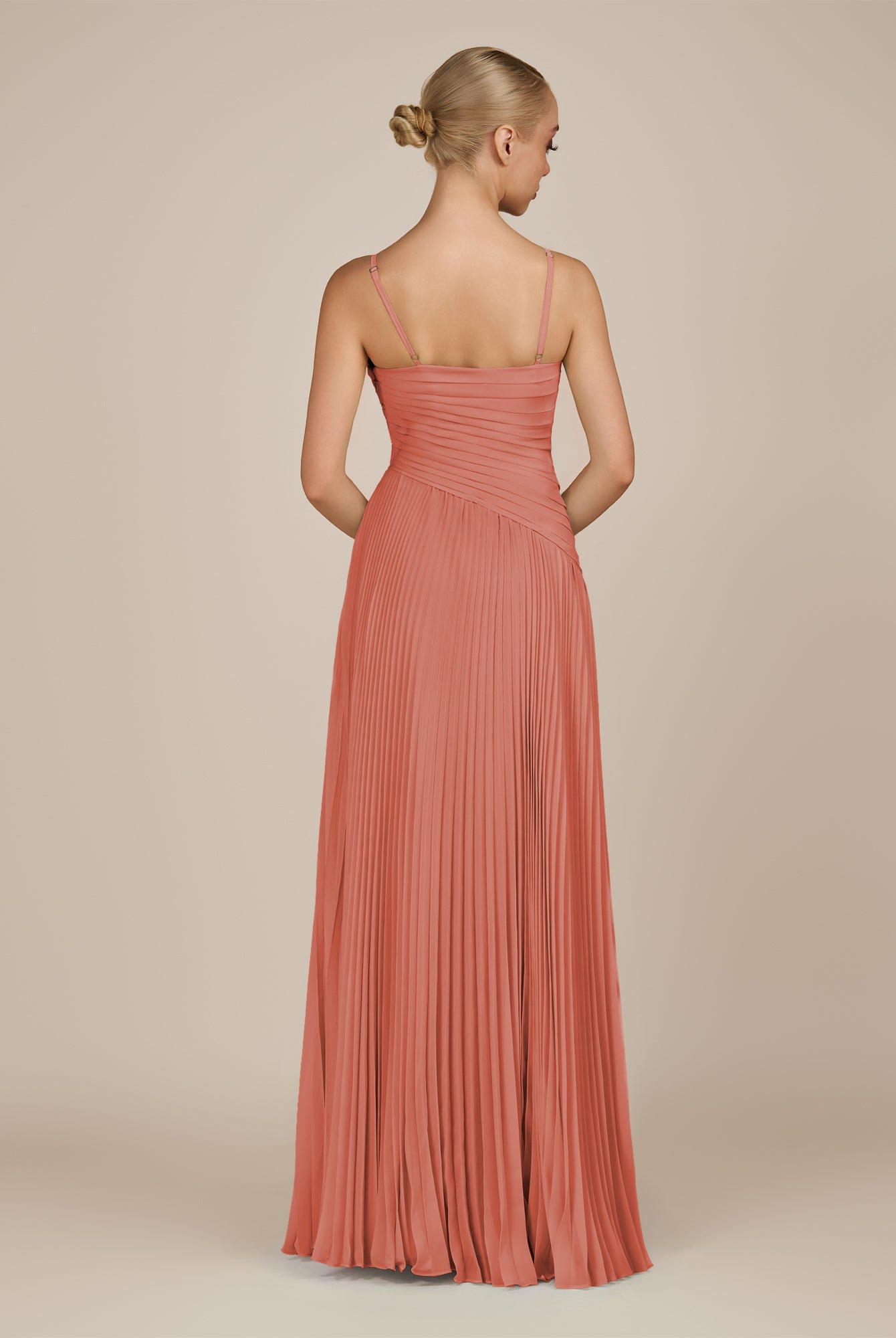 KissDress-Vionnet Wild Rose A-Line V Neck Pleated Chiffon Long Bridesmaid Dress with Slit