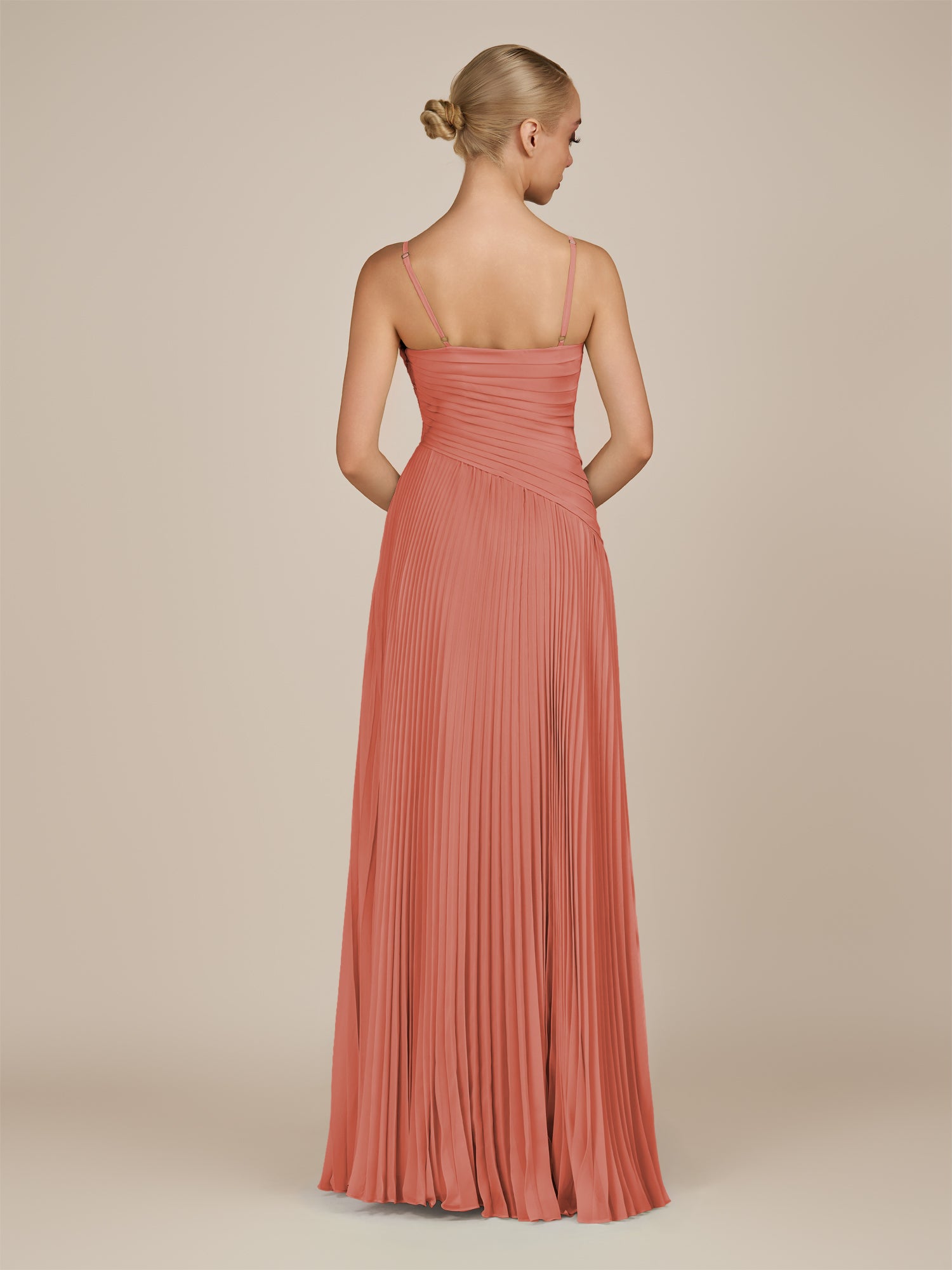 KissDress-Vionnet Wild Rose A-Line V Neck Pleated Chiffon Long Bridesmaid Dress with Slit