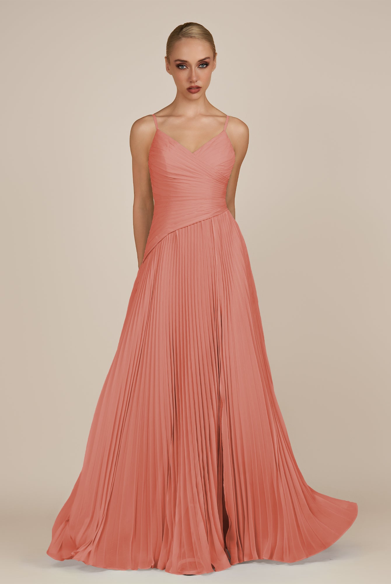 KissDress-Vionnet Wild Rose A-Line V Neck Pleated Chiffon Long Bridesmaid Dress with Slit