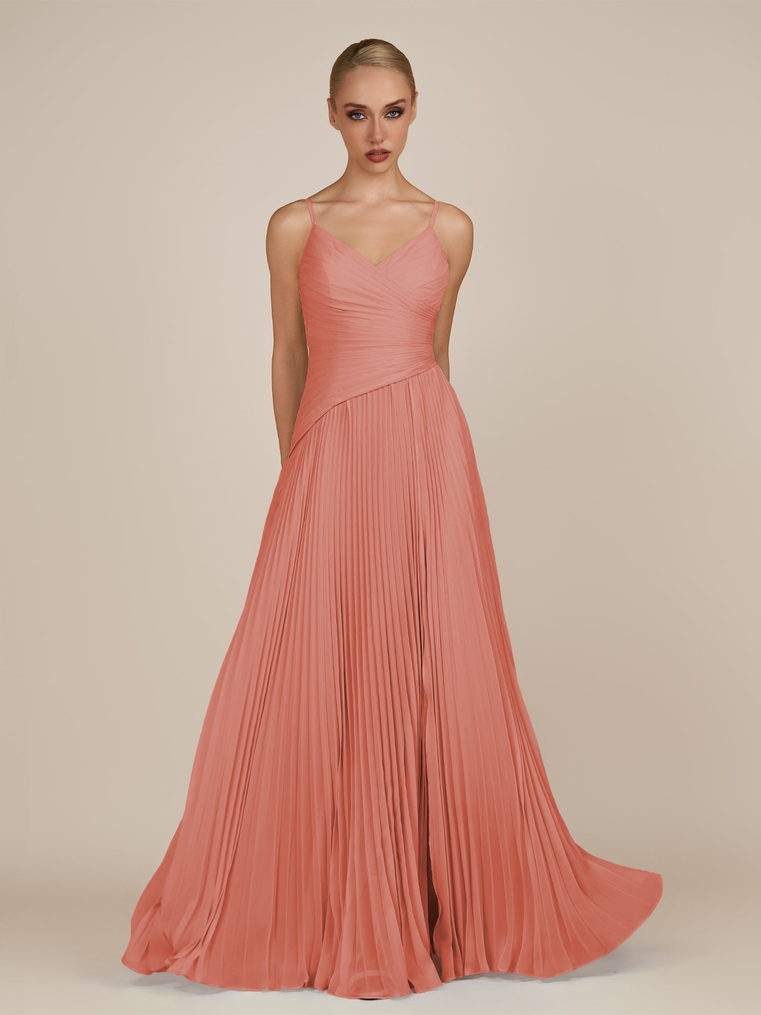 KissDress-Vionnet Wild Rose A-Line V Neck Pleated Chiffon Long Bridesmaid Dress with Slit