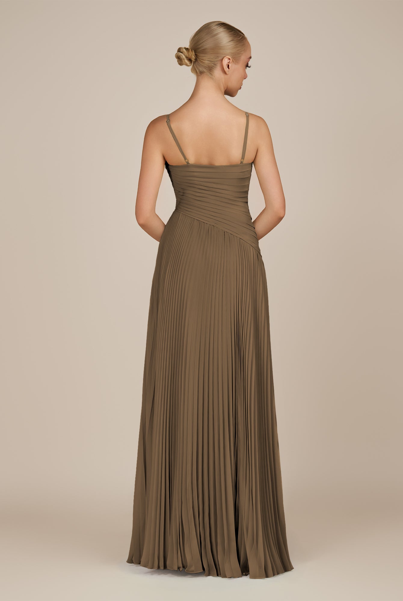 KissDress-Vionnet Willow Green A-Line V Neck Pleated Chiffon Long Bridesmaid Dress with Slit
