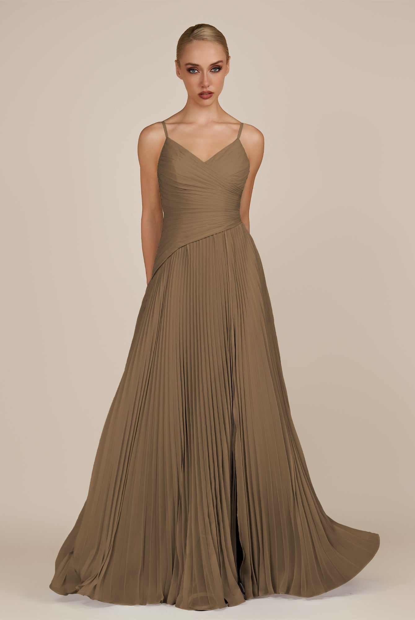 KissDress-Vionnet Willow Green A-Line V Neck Pleated Chiffon Long Bridesmaid Dress with Slit