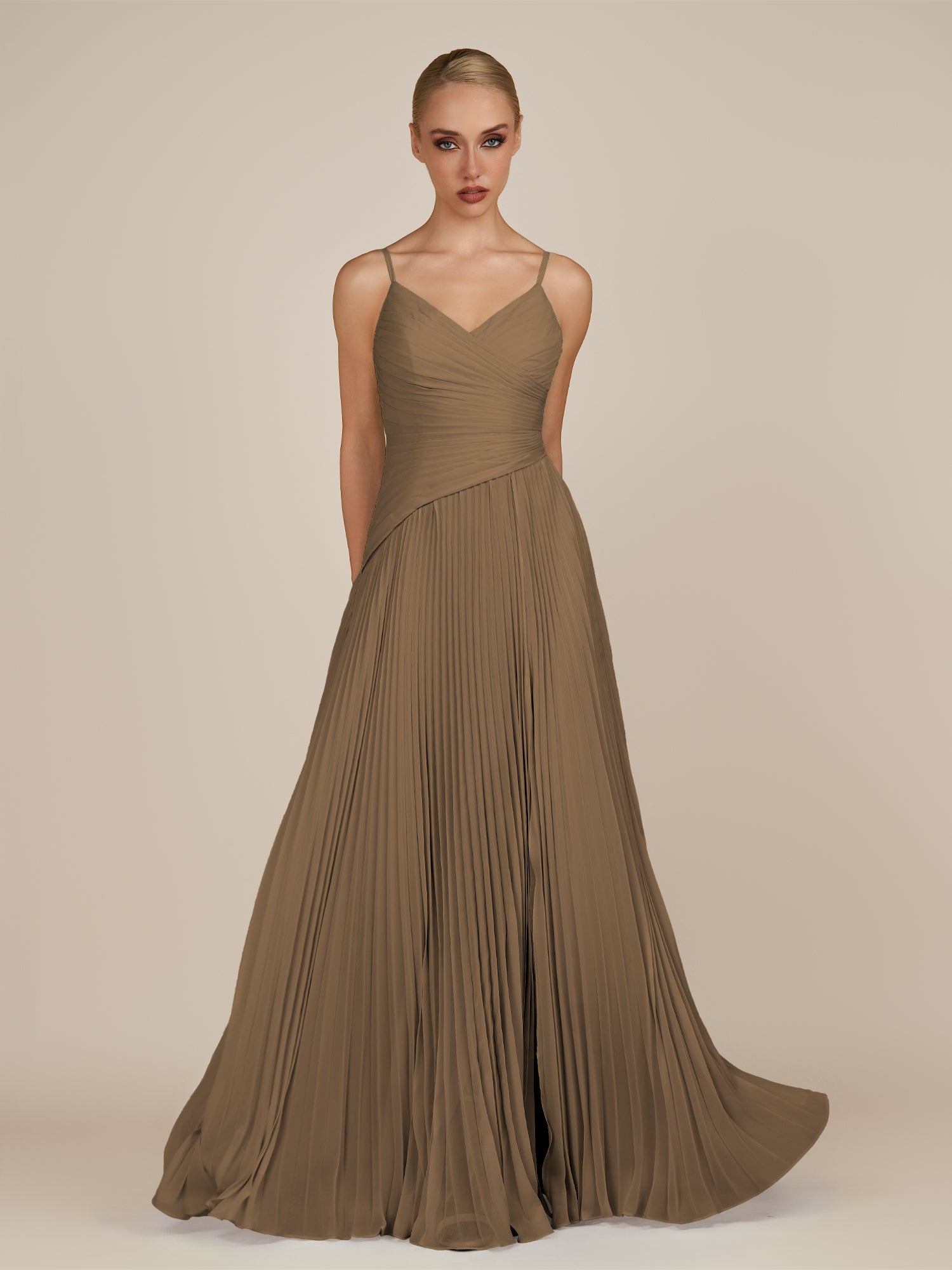 KissDress-Vionnet Willow Green A-Line V Neck Pleated Chiffon Long Bridesmaid Dress with Slit