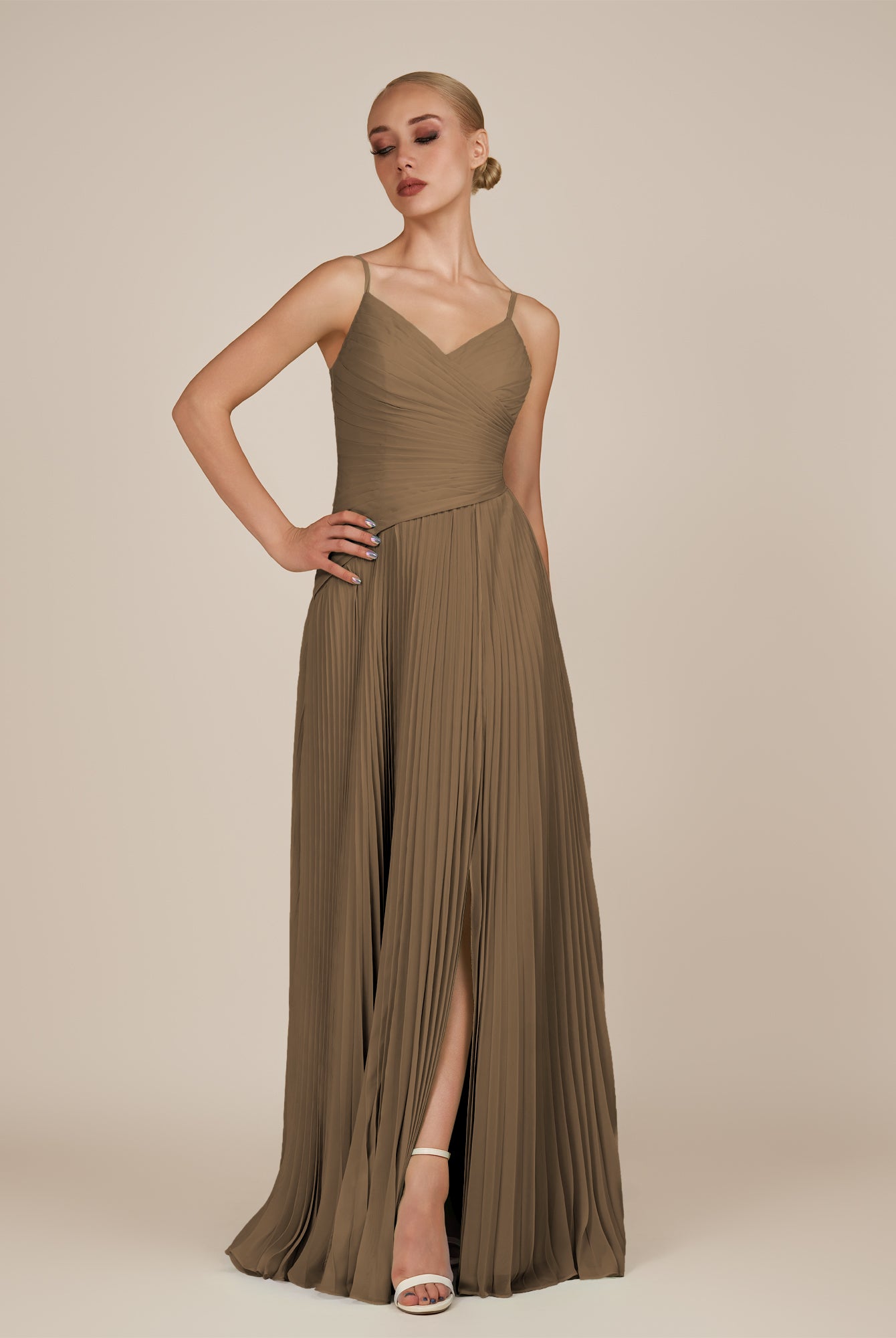 KissDress-Vionnet Willow Green A-Line V Neck Pleated Chiffon Long Bridesmaid Dress with Slit