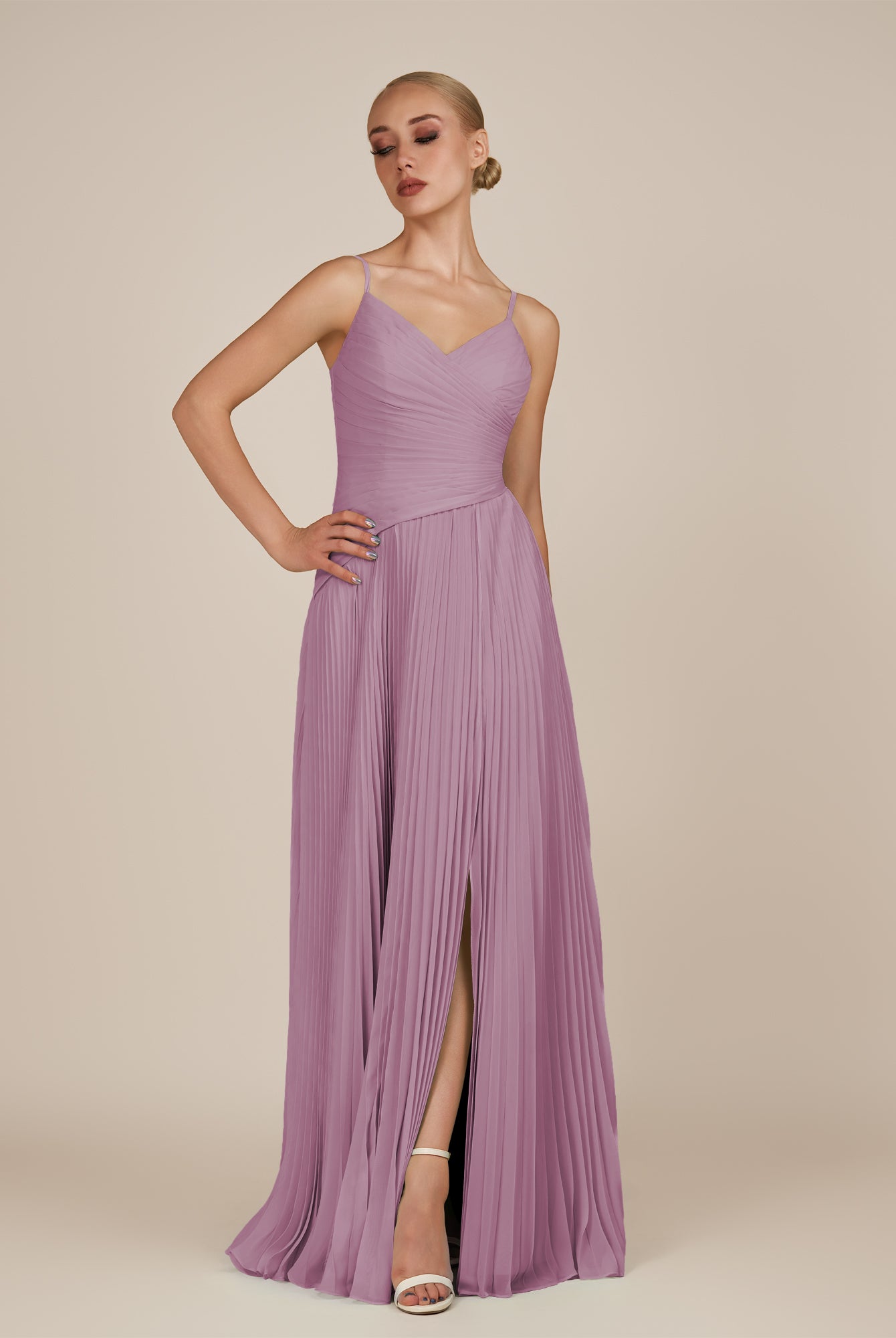 KissDress-Vionnet Wisteria A-Line V Neck Pleated Chiffon Long Bridesmaid Dress with Slit