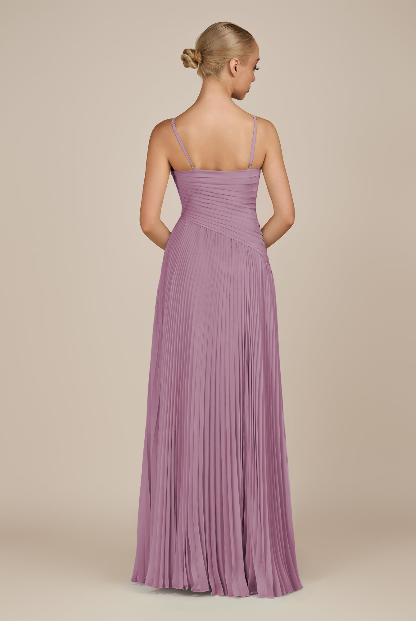 KissDress-Vionnet Wisteria A-Line V Neck Pleated Chiffon Long Bridesmaid Dress with Slit