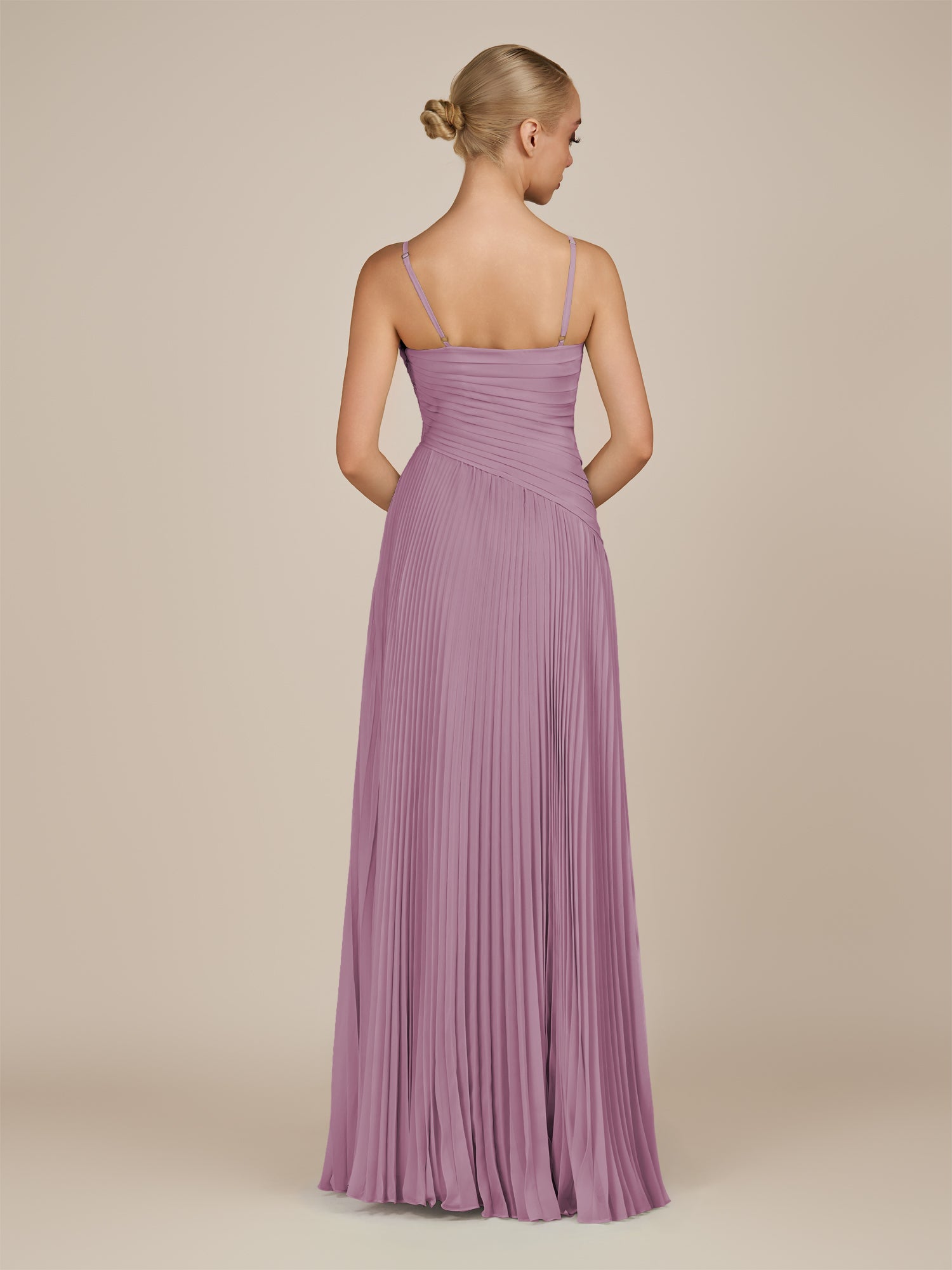 KissDress-Vionnet Wisteria A-Line V Neck Pleated Chiffon Long Bridesmaid Dress with Slit
