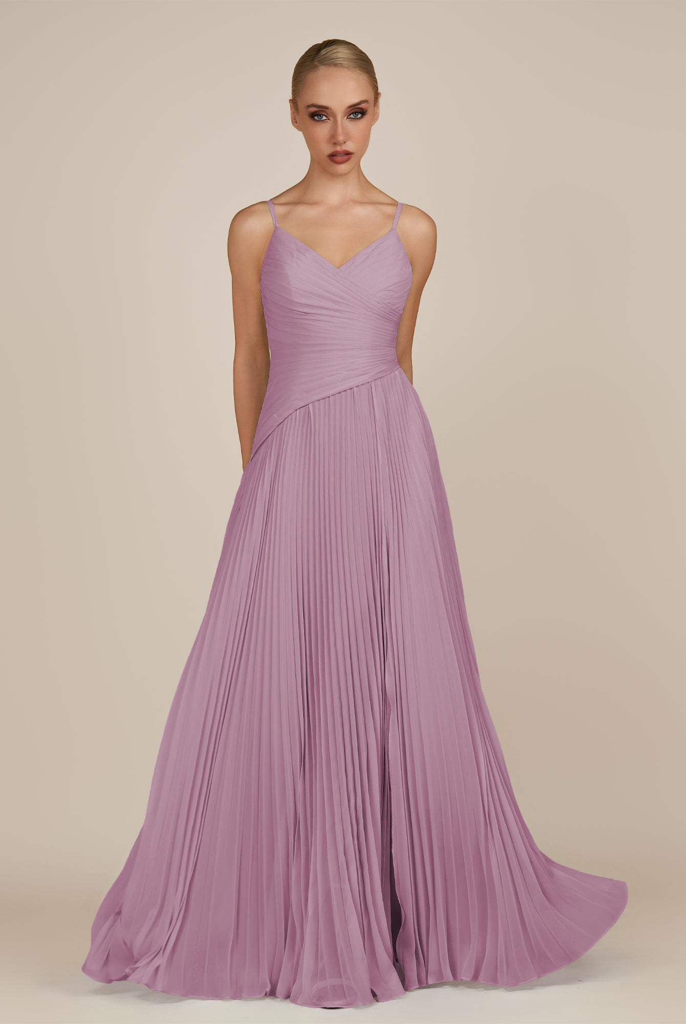 KissDress-Vionnet Wisteria A-Line V Neck Pleated Chiffon Long Bridesmaid Dress with Slit