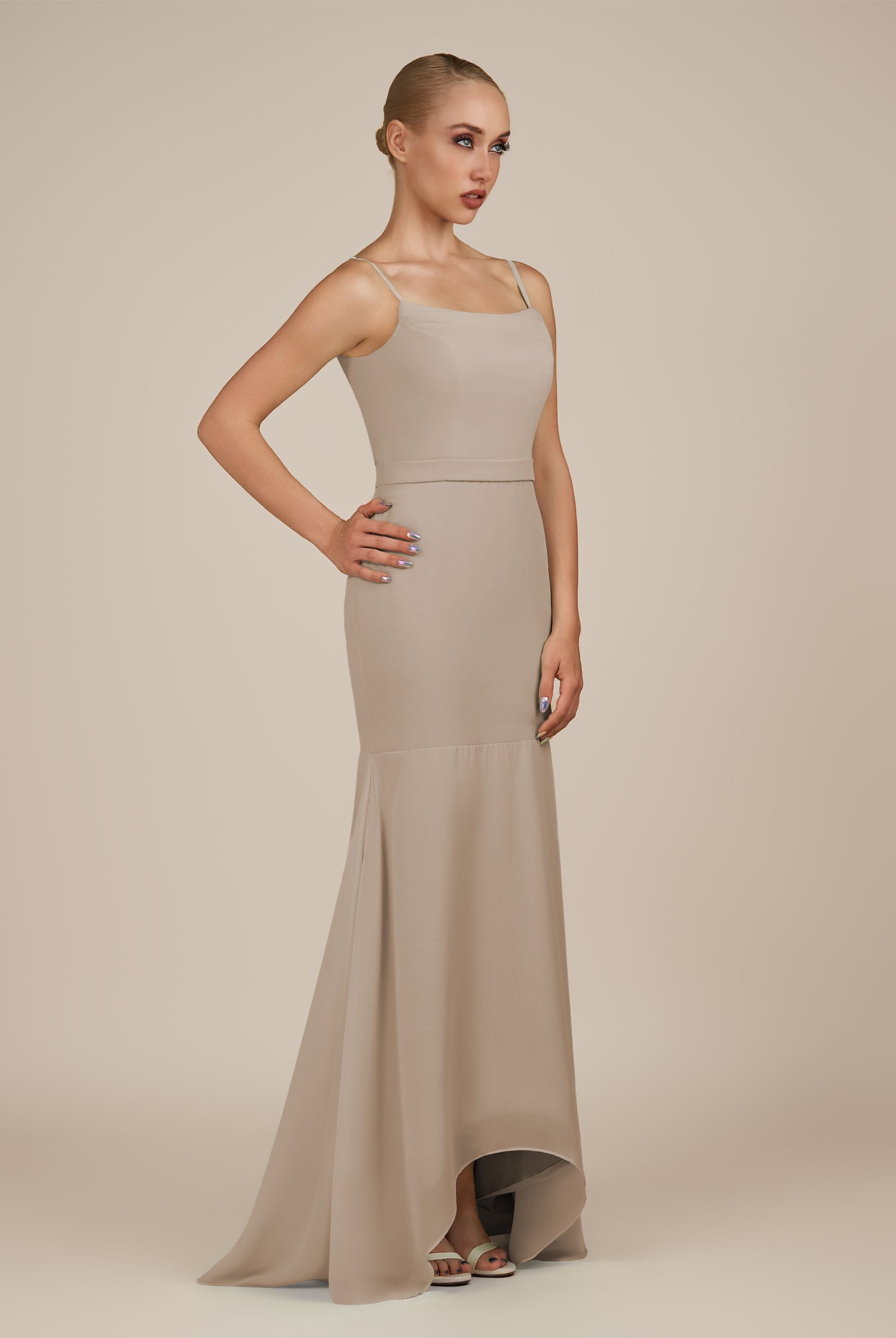 KissDress-Virelai Almond Sheath Scoop Neck Chiffon Long Bridesmaid Dress